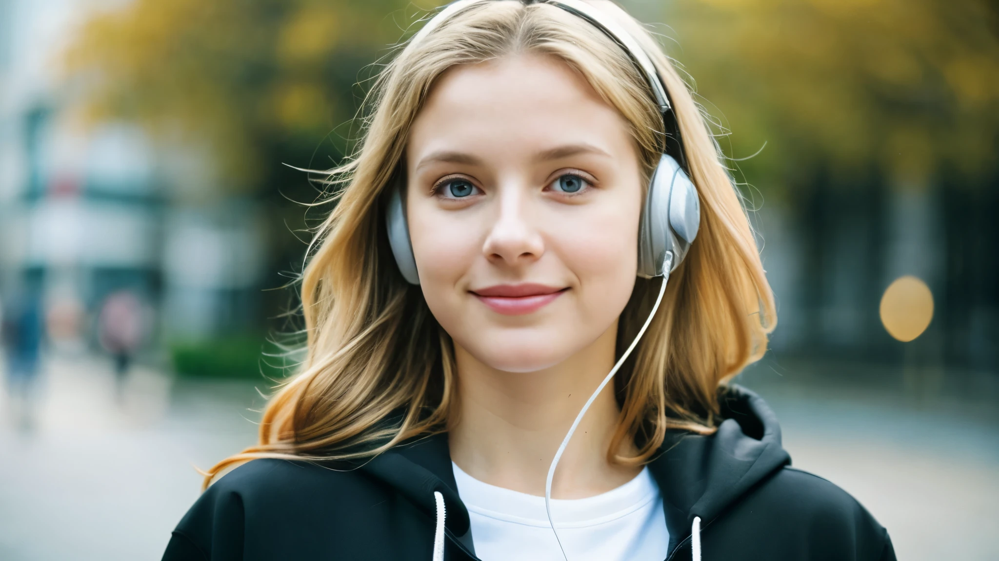 Beautiful blonde in an oversized grey hoodie (Morning walk in the city),Wearing headphones,Very detailed, 21 years old, Innocent face, Naturally Wavy Hair, blue eyes, High resolution, masterpiece, highest quality, Intricate details, Very detailed, Clear focus, Delicate skin, practical skin texture, texture, Delicate eyes, Professional, 4K, Cute Smile, Shot with Canon, 85mm, Shallow and deep, Kodak Vision Color, Exactly, Very detailed, photograph_\(Extremist\), photographpractical, practical, Post-processing, Maximum details, Roughness, Real Life, Extremist practical, Photorealism, photographgraphy, 8K Ultra HD, photographgraphy