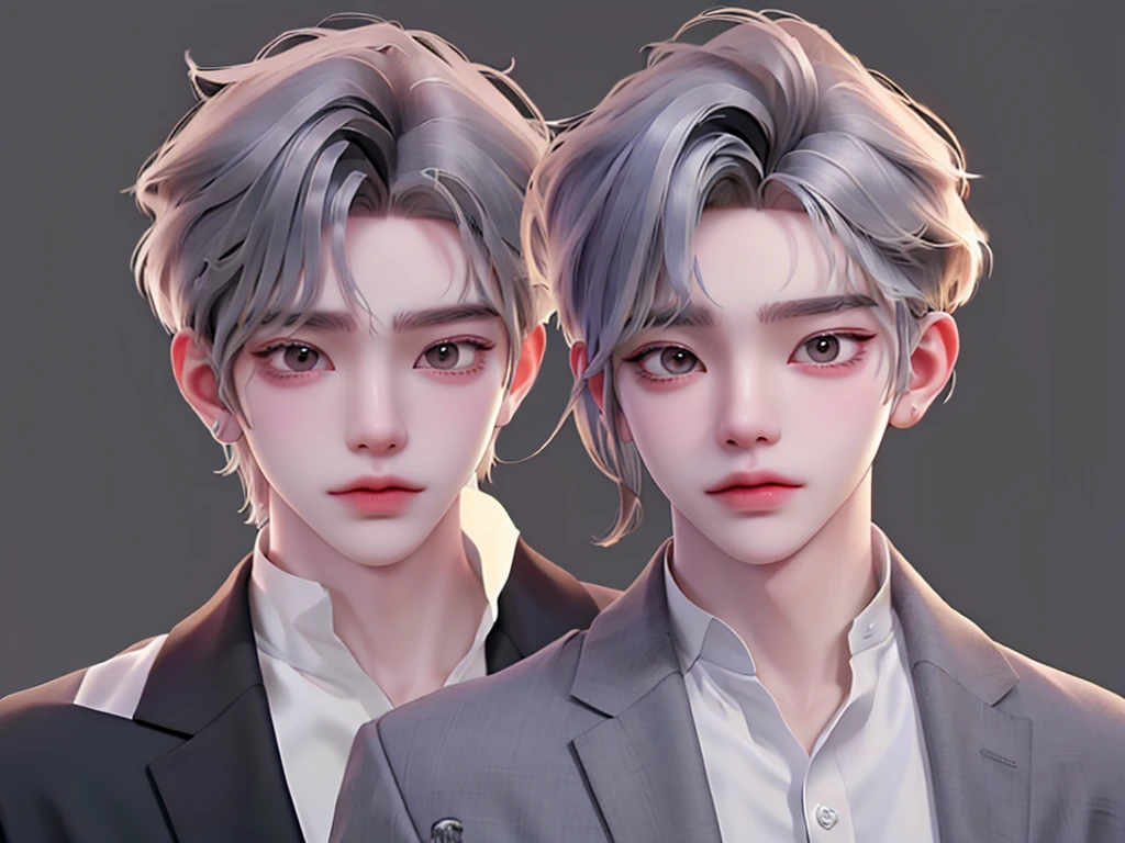 Boy, gray hair, yellow eyes, sharp features, white skin, shirt, jacket, black pant, standing, clear background