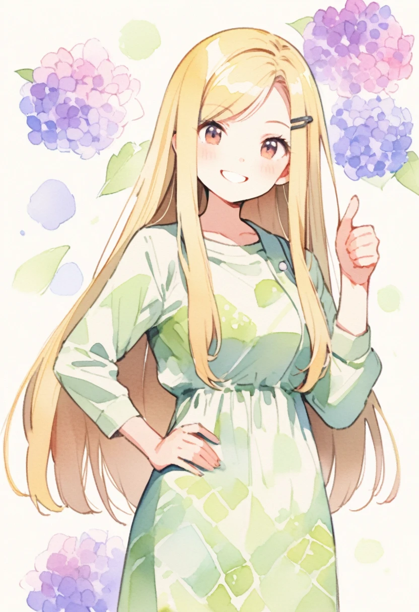 watercolor, adult lady,solo, smile, blond hair, long hair, straight hair, hairpin,thumbs up, hand on hip, simple and hydrangea pattern background,