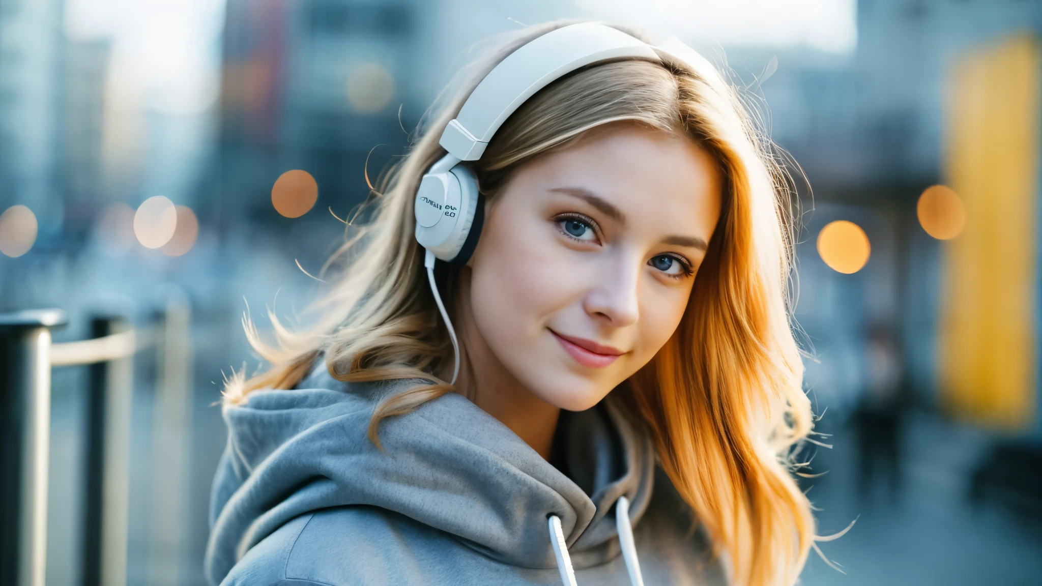 Beautiful blonde in an oversized grey hoodie (Morning walk in the city),Wearing headphones,Very detailed, 21 years old, Innocent face, Naturally Wavy Hair, blue eyes, High resolution, masterpiece, highest quality, Intricate details, Very detailed, Clear focus, Delicate skin, practical skin texture, texture, Delicate eyes, Professional, 4K, Cute Smile, Shot with Canon, 85mm, Shallow and deep, Kodak Vision Color, Exactly, Very detailed, photograph_\(Extremist\), photographpractical, practical, Post-processing, Maximum details, Roughness, Real Life, Extremist practical, Photorealism, photographgraphy, 8K Ultra HD, photographgraphy