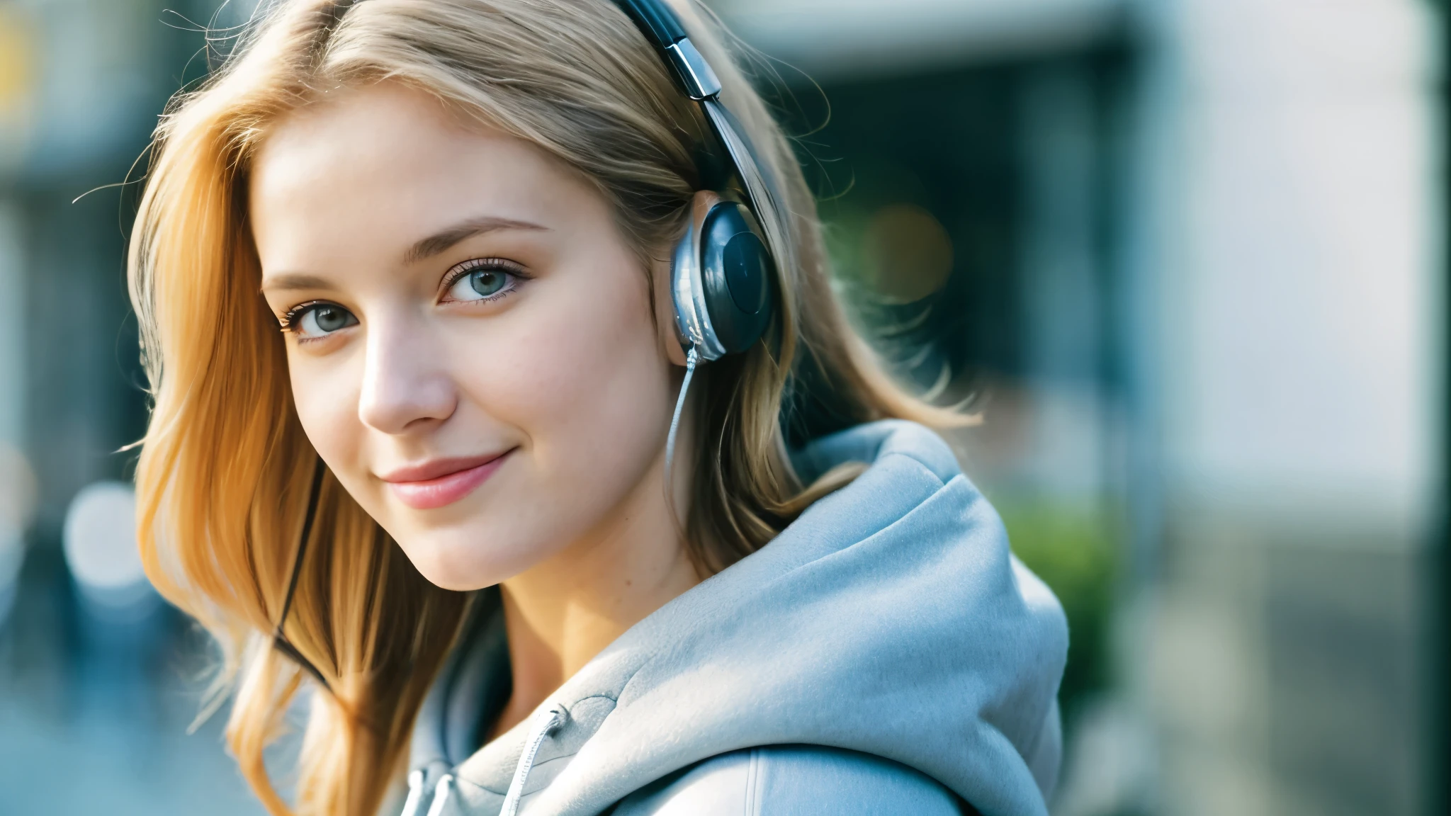 Beautiful blonde in an oversized grey hoodie (Morning walk in the city),Wearing headphones,Very detailed, 21 years old, Innocent face, Naturally Wavy Hair, blue eyes, High resolution, masterpiece, highest quality, Intricate details, Very detailed, Clear focus, Delicate skin, practical skin texture, texture, Delicate eyes, Professional, 4K, Cute Smile, Shot with Canon, 85mm, Shallow and deep,  Kodak Vision Color, Exactly, Very detailed, photograph_\(Extremist\), photographpractical, practical, Post-processing, Maximum details, Roughness, Real Life, Extremist practical, Photorealism, photographgraphy, 8K Ultra HD, photographgraphy