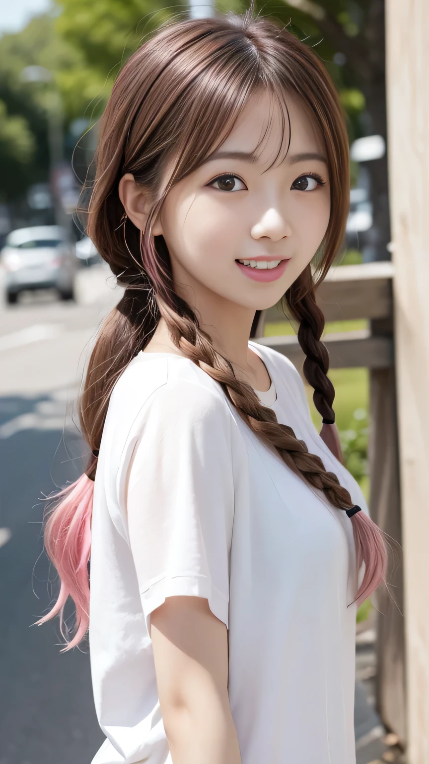 Pale, tanned skin、Sunburn marks on tanned skin、Multicolored Hair、Pink Hair,blonde,Platinum Hair,Brown Hair、A cute 20-year-old girl with a cute look, A strong wind blows my hair in front of my face、beautiful long blonde braided hair、beautiful, Cute eyes hidden by long bangs、Yawn、Double teeth、No visible nasolabial folds、