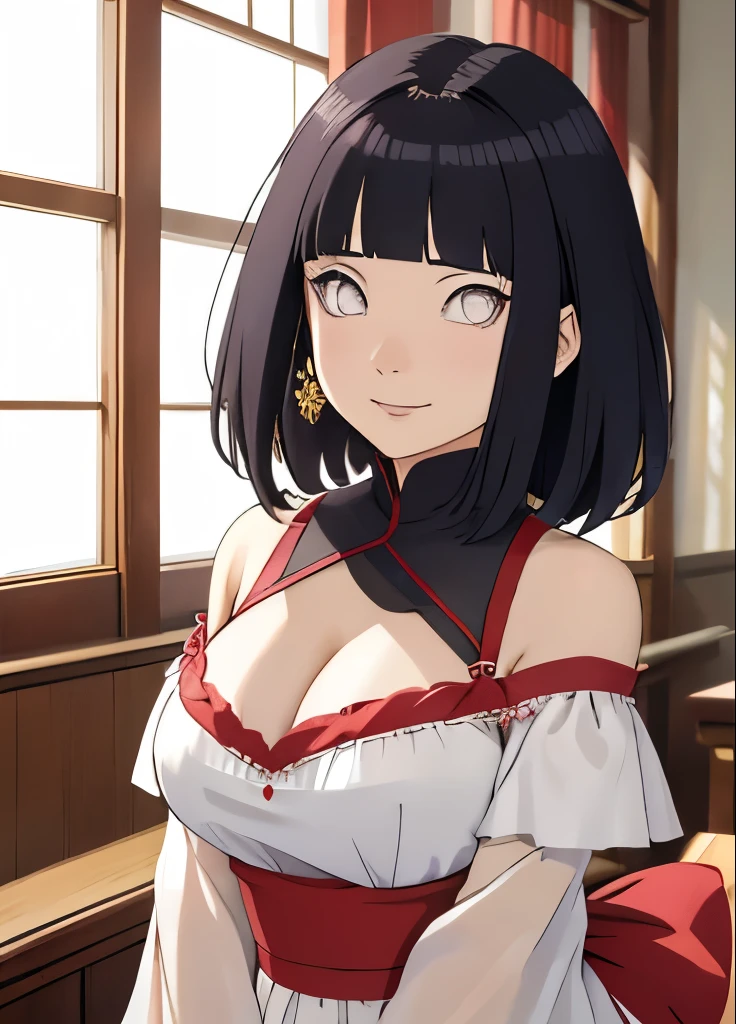 tmasterpiece, hoang lap , (Complicated details),camisole (rich colourful),Off-the-shoulder attire,very very Large breasts,Lysis membrane illumination, the Extremely Detailed CG Unity 8K Wallpapers , hyouka\(Boruto\), 1girll, solo,Be red in the face,looks into camera,ssmile ; maid dress of japan