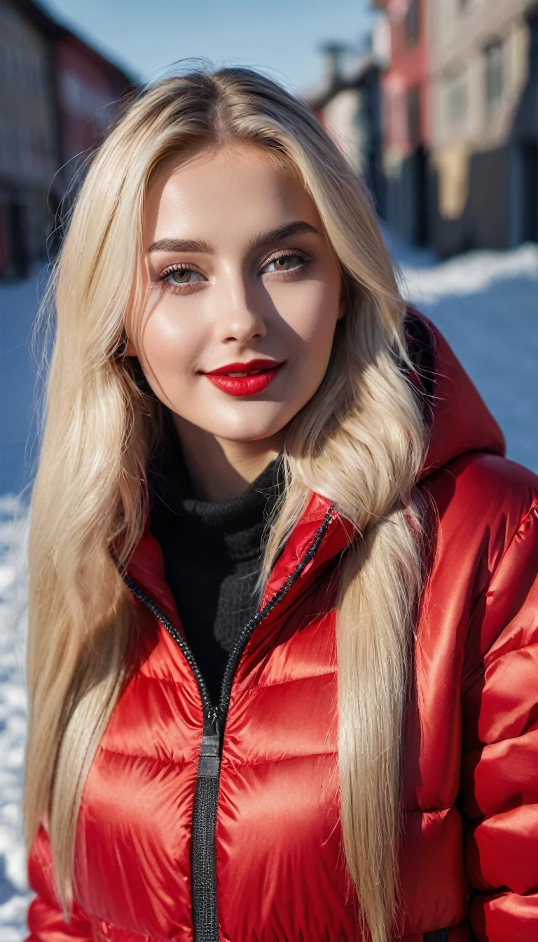 hyperrealistic beautiful busty 19-year-old woman with long legs wearing casual winter outfit with shiny red puffer coat, model shooting full body photography, bleached blonde very long straight hair, soaky wet skin, dark eye makeup with eyeliner, seductive smile, red lips, 8K, Best quality, Meisterwerk, ultra high resolution, (Realismus: 1.4), Originalfoto, (realistische Hautstruktur: 1.3), (Filmkorn: 1.3), (Selfie-Winkel), 1 girl, Beautiful round hazel eyes and facial details, Meisterwerk, Best quality, outdoor photography
