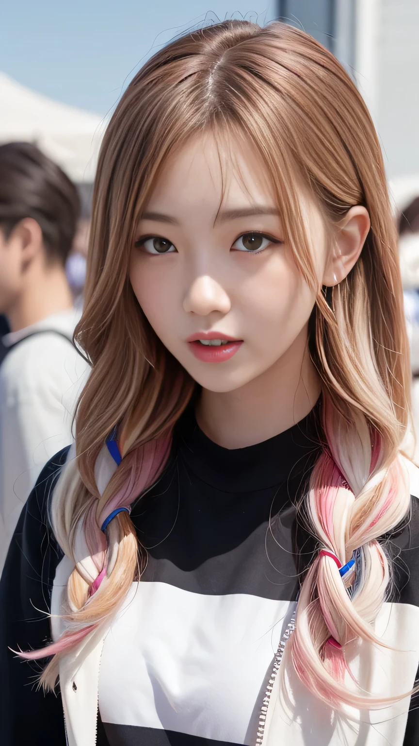 Pale, tanned skin、Sunburn marks on tanned skin、Multicolored Hair、Pink Hair,blonde,Platinum Hair,Brown Hair、A cute 20-year-old girl with a cute look, A strong wind blows my hair in front of my face、beautiful long blonde braided hair、beautiful, Cute eyes hidden by long bangs、Yawn、Double teeth、No visible nasolabial folds、