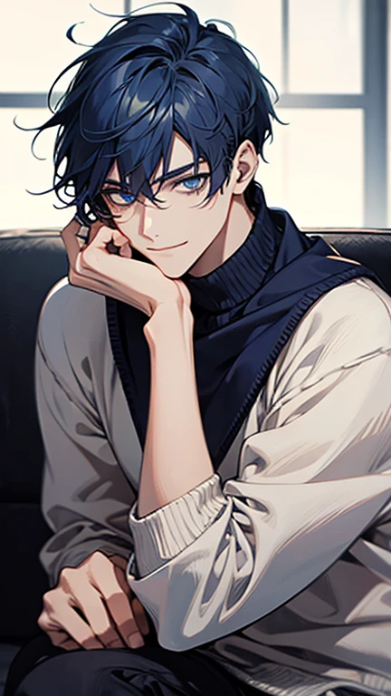 (highest quality,High resolution,masterpiece:1.2),Abstract,male,male1人,Navy blue hair down to the nape,Soft eyes,Age 28,tall,成熟したmale,adult,White sweater,Dark blue eyes,Droopy navy blue eyes,Dark blue gaze,Calm,quiet,A kind smile,Calm,looks fun,Sitting on the sofa,Talking,Mug