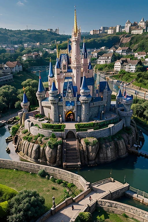 People are busy working in the village below with a castle in disney city on a hill in the middle of a futuristic village