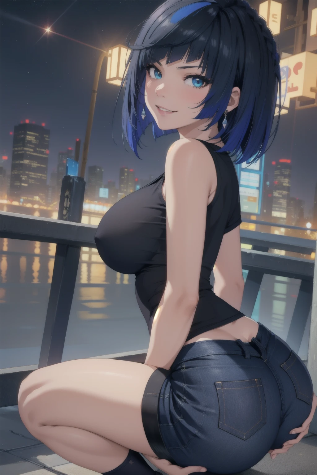 YelanV4, 1girl, solo, short hair, blue highlights, looking at viewer, smile, breasts, night city background, butt, bare shoulders, teeth, tight shirt, short sleeves, closed mouth, jean shorts, black t-shirt, portrait, shorts, skin tight outfit, seductive, realistic, best quality, masterpiece, ultra detail, ultra high res, extreme detail, 8k, round ass, perfect face, detailed face, extreme detail, voluptuous, realistic