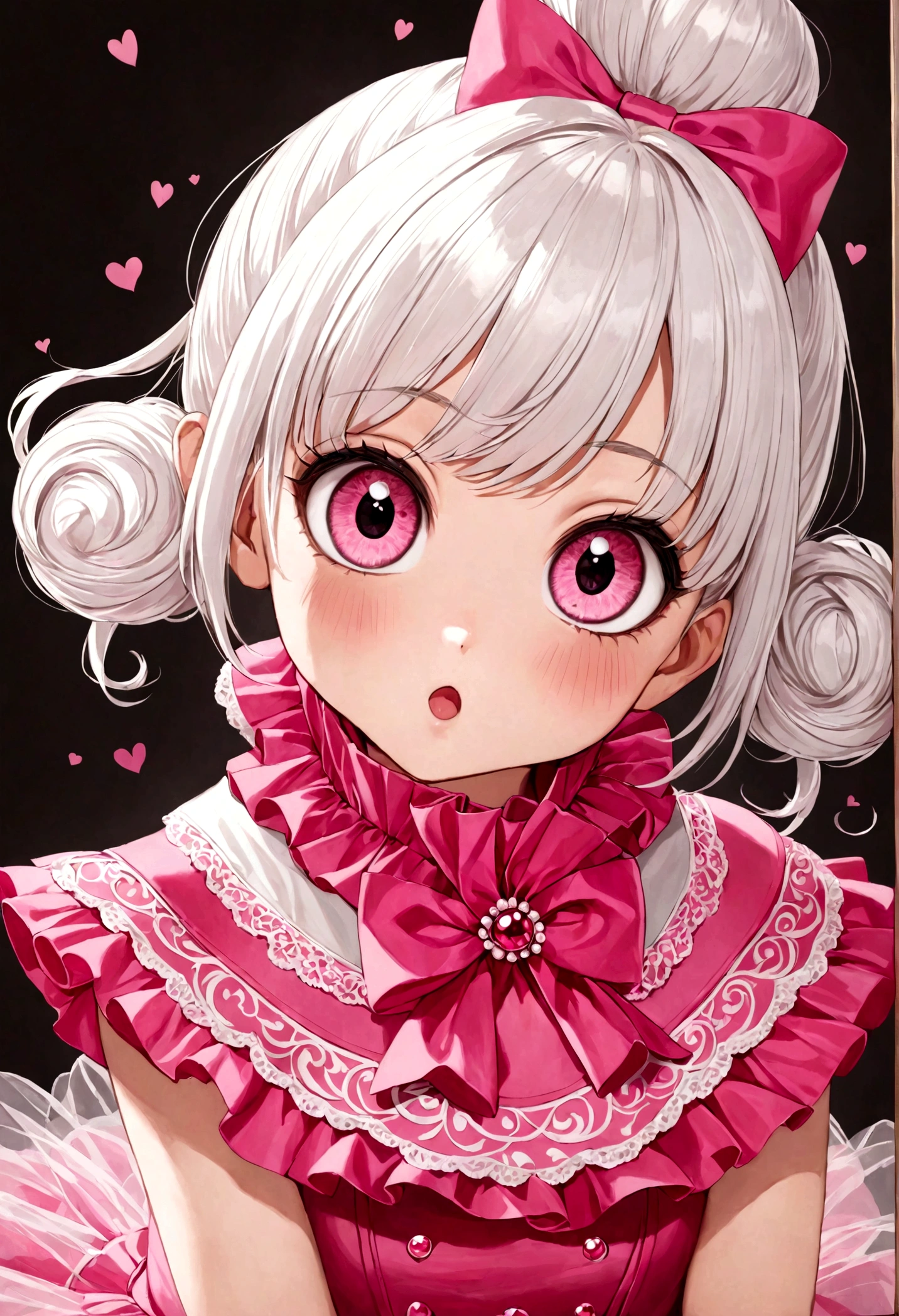 1 girl，Individuality，pink big eyes,Bun Hair,White Hair,A happy look,Cute expression，Shocking pink high collar tutu skirt，Gauze skirt，Portraiture