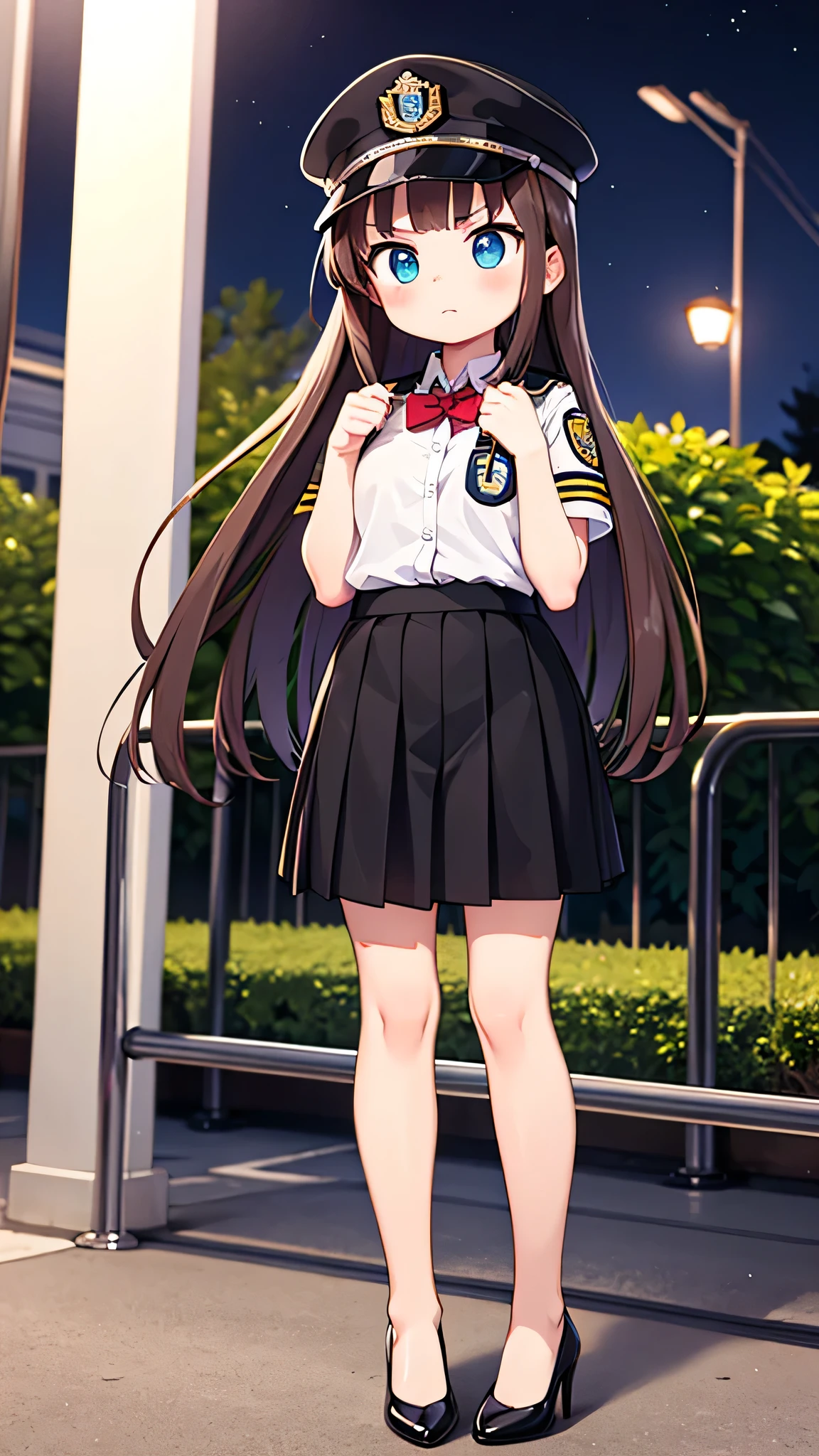 masterpiece, {highest quality], [Super beautiful], [Ultra fine], [Best illustration],Brown Hair, Hime cut, Long Hair, With bangs, girl, Uniform cap,Security uniform, Angry face, blush, Slender women, Straight Skirt, Standing posture, （Public）Night Park, diagonal, From diagonal, Bare feet and pumps, Plain black pumps,Cross your legs,Luxury car behind