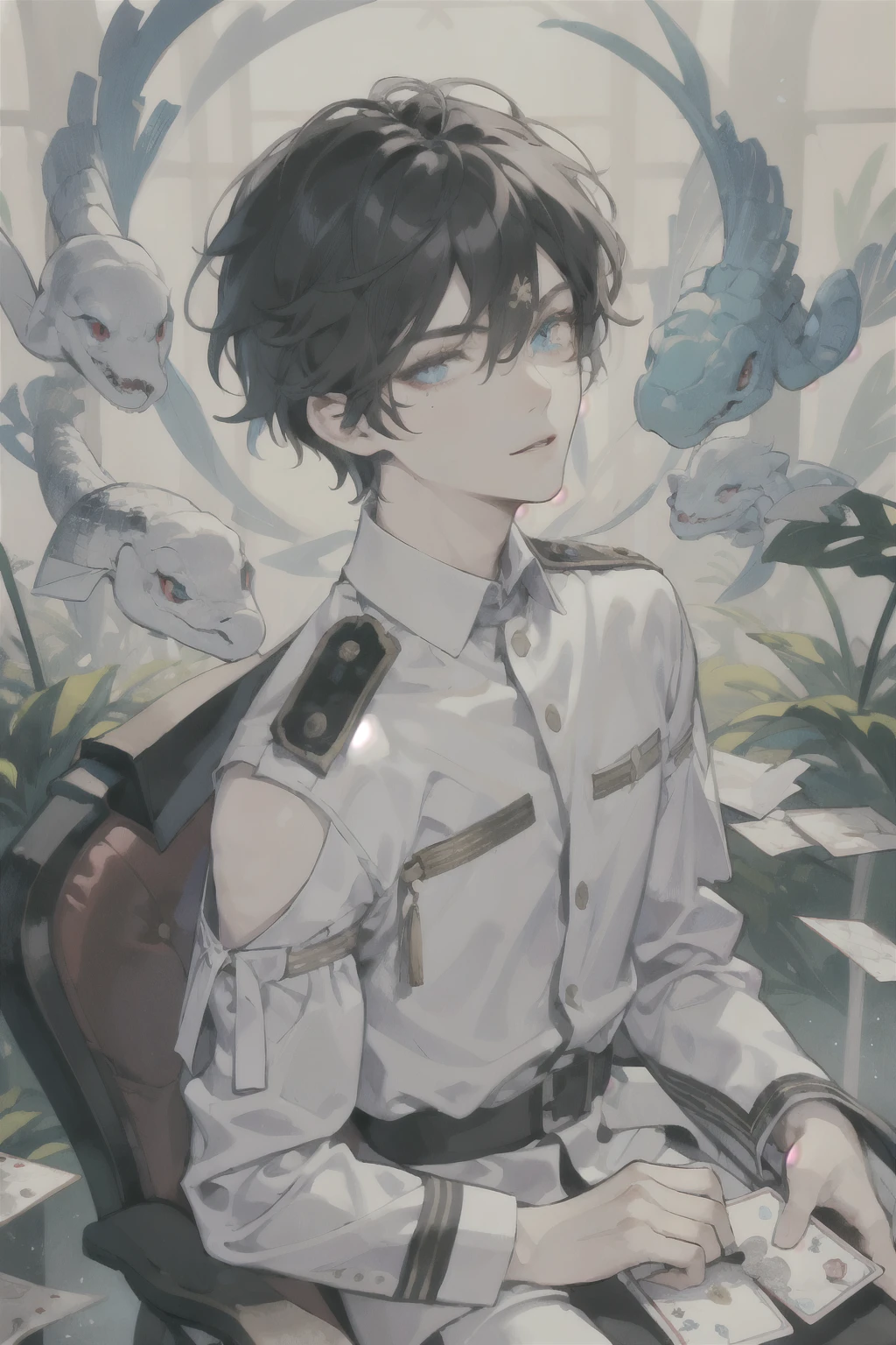 masterpiece, best quality, ultra detailed, (solo man), (male focus), ((Oblong face)), ((Square jawline)), black hair, ((hairs between eyes)), ((shoulder length)), ((narrow blue eye)), fair skin, skinny body, beauty mark, {uniform, outfit, clothes}, dress shirts, (Giving an insincere smile:0.7), (entangled a big albino snake), sitting on chair, holding cards