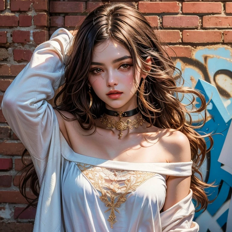 ultra realistic 8k cg, masterpiece, ((ultra detailed background, delicate pattern, intricate detail)), best quality, intricate details, chromatic aberration, 1girl, long hair, golden hair, messy hair, red highlights, hair over one eye, sharp eyes, choker, brick wall, graffiti, dim lighting, alley, oversized shirt,off shoulder, see through white shirt, Masterpiece, best quality