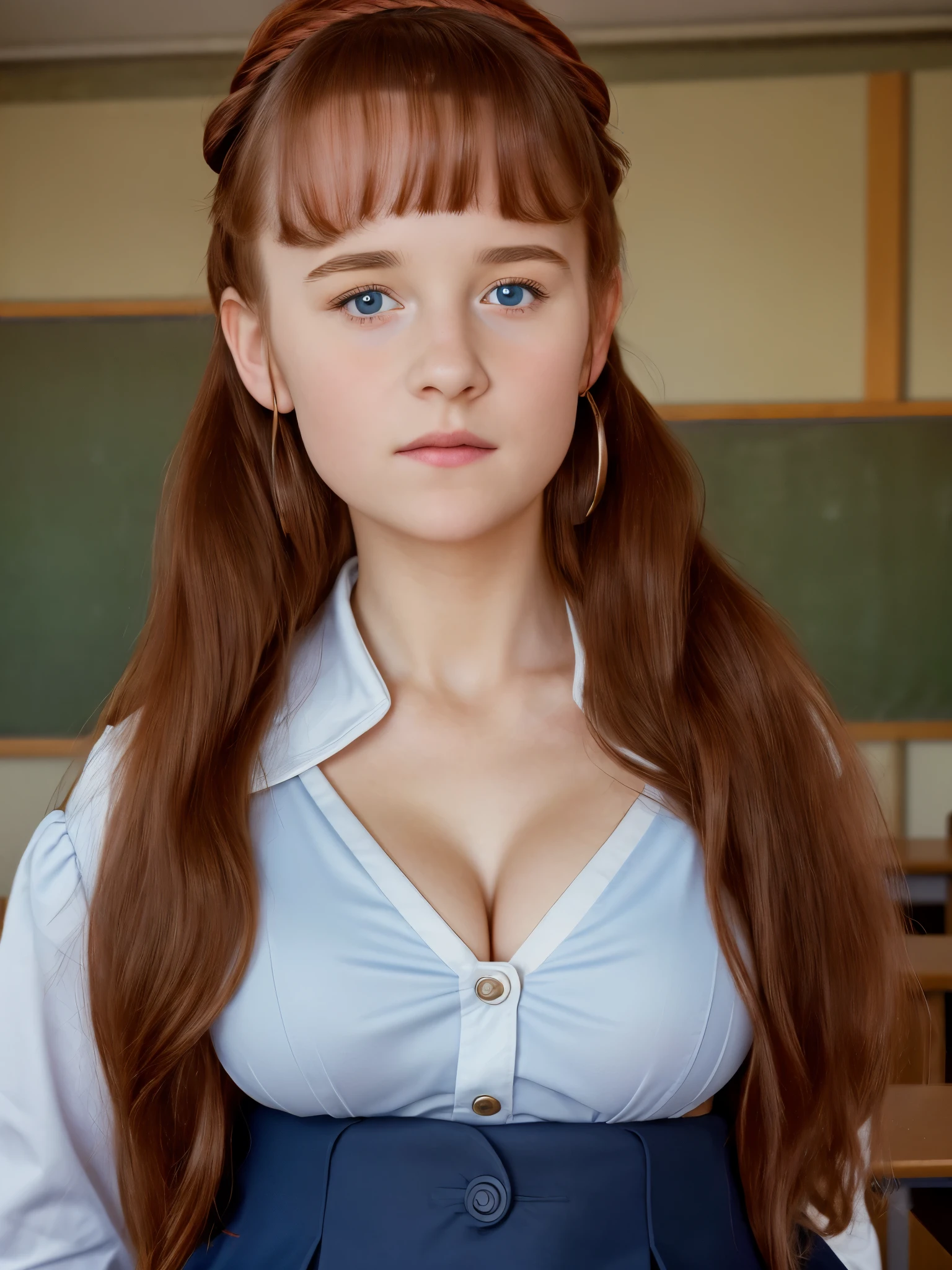 (best quality,4k,8k,highres,masterpiece:1.2),ultra-detailed,(realistic,photorealistic,photo-realistic:1.37), ((deutschland, mittelalter, classroom, a young ****** girl, she wears uniform, skirt, solo, shy)), ((very large bust size for her young age)), she wears beret, she wears no bra, braided red hair, pale skin