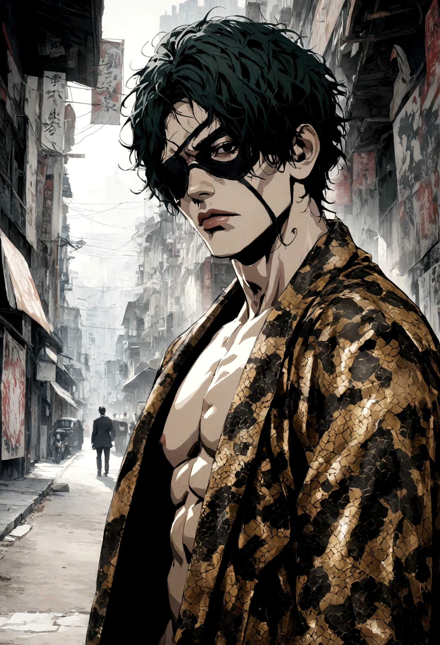 "a detailed artwork by Majima Goro in an snake jacket on naked body, snake print jacket, shirtless, eye patch, black eye patch with a serious expression, Yakuza, 4K, 8k, FULL HD, Corps entier, yakuza Art Style, Hyperrealistic drawing style, Clean and detailed anime art, city background, Majima Goro, tattoo"