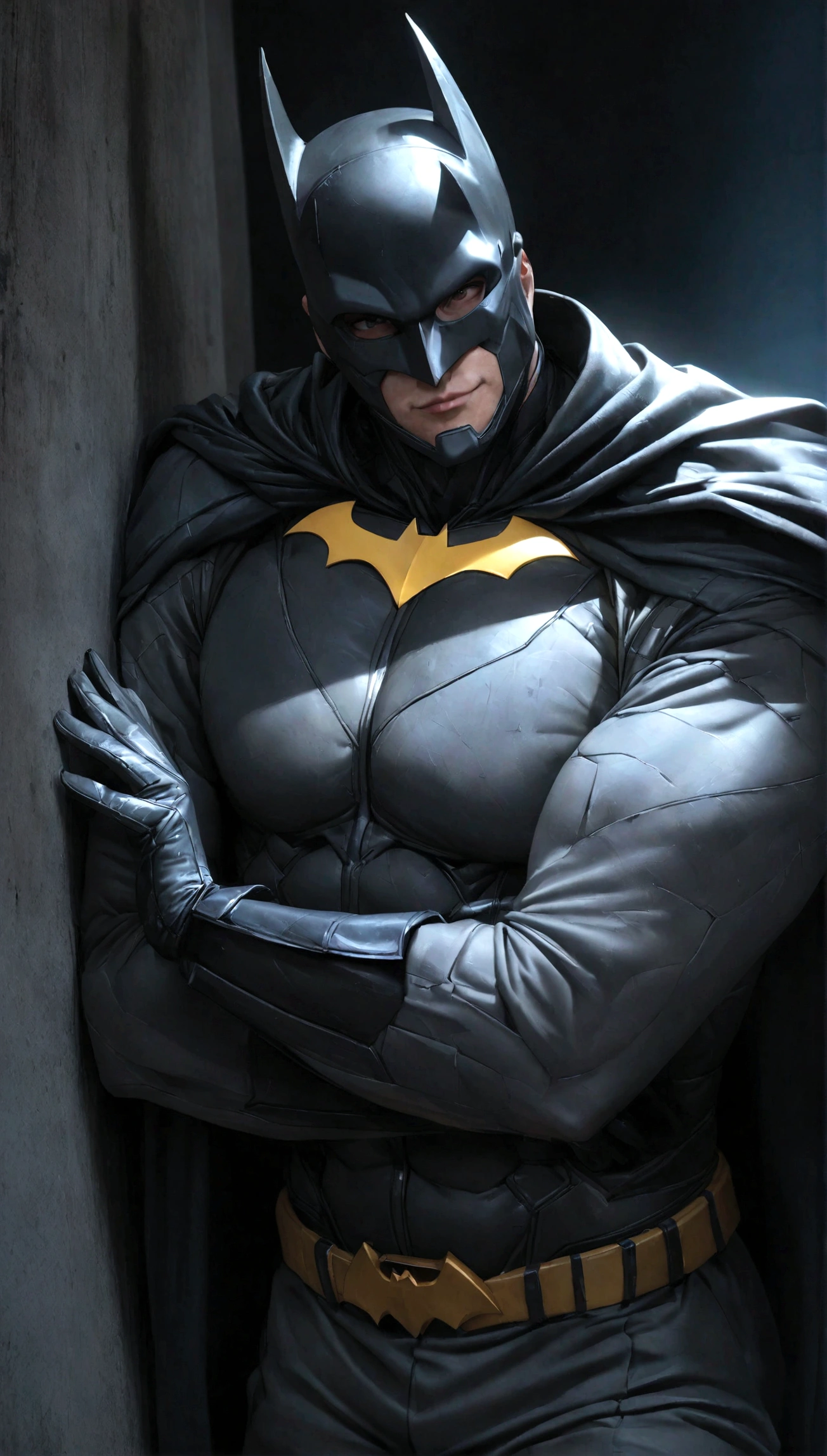 face focus shot, 1 man, solo, Ben Affleck as Batman, tall, hunk, muscular, bulk, wide shoulder, photorealism, smirking face, crossed arms, (leaning onto a wall), dark dirty grey suit, dark grey arms, ((no mask)), mask off, black hair, black gloves, best quality, masterpiece, high resolution:1.2, black cape, high detailed mask, high detailed suit, high detailed face, award winning, night time, a dark cave in the background, indoors