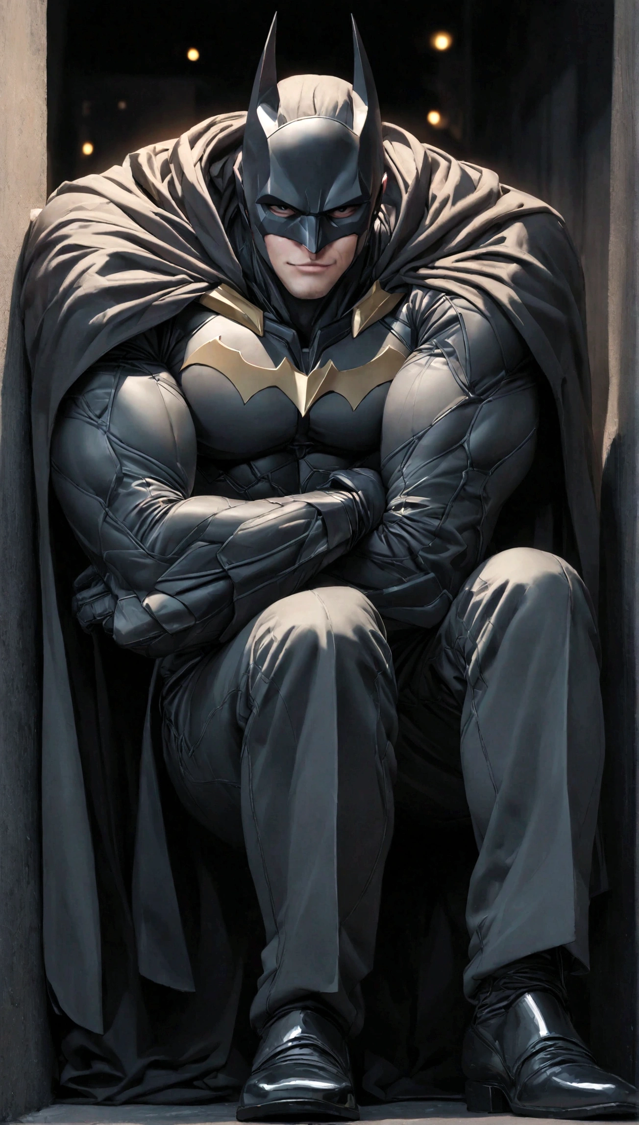 face focus shot, 1 man, solo, Ben Affleck as Batman, tall, hunk, muscular, bulk, wide shoulder, photorealism, smirking face, crossed arms, (leaning onto a wall), dark dirty grey suit, dark grey arms, ((no mask)), mask off, black hair, black gloves, best quality, masterpiece, high resolution:1.2, black cape, high detailed mask, high detailed suit, high detailed face, award winning, night time, a dark cave in the background, indoors