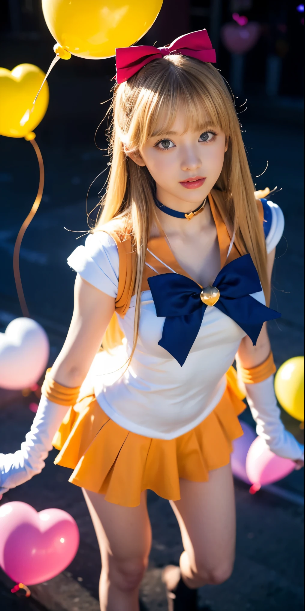 (masterpiece, best quality;1.3), extremely detailed CG, ultra detailed, 1girl, solo,  smile,  looking at viewer, stylish ungle, blonde long hair,blue eyes,
sv1, sailor senshi uniform, orange skirt, elbow gloves, tiara, orange sailor collar, red bow, orange choker, white gloves, jewelry, from above,
many hearts, face focus,Venus,tornado,abstract background, hearts storm, haert beam, heart bubbles, heart baloons, haert stars, heart flowers, HEART LIGHTS, heart world, heart background, galaxy background, heart weapon, heart aura,  sailor girl in a sailor costume, sailor moon!!!!!!!!, sailor moon style, the sailor galaxia. beautiful, inspired by Sailor Moon, by Sailor Moon, the sailor moon. beautiful, leaked image, knights of zodiac girl, classic shoujo, also known as artemis the selene, rei hiroe, with shoulder pads, also known as artemis or selene, official art