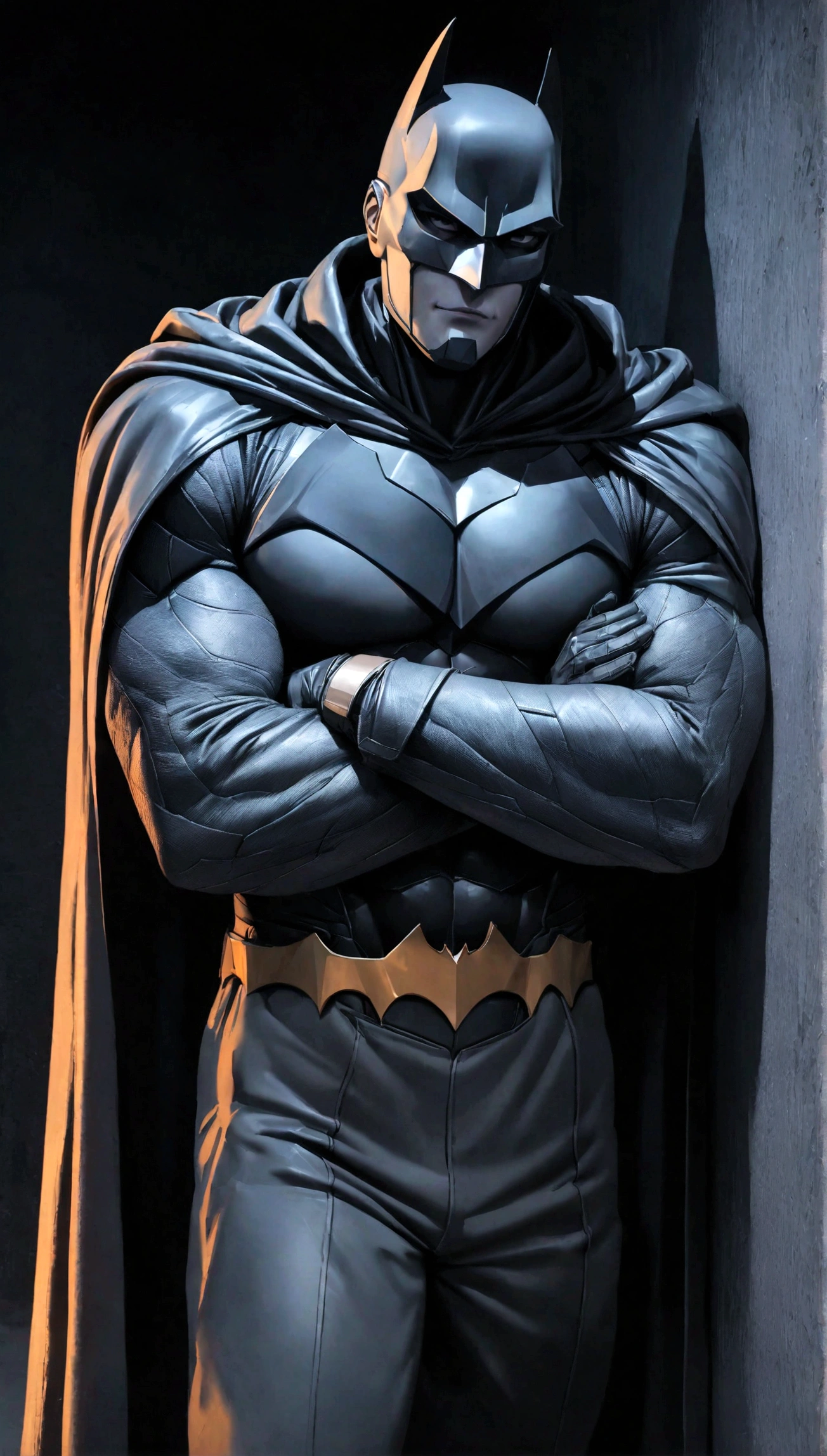 face focus shot, 1 man, solo, Ben Affleck as Batman, tall, hunk, muscular, bulk, wide shoulder, photorealism, smirking face, crossed arms, (leaning onto a wall), dark dirty grey suit, dark grey arms, ((no mask)), mask off, black hair, black gloves, best quality, masterpiece, high resolution:1.2, black cape, high detailed mask, high detailed suit, high detailed face, award winning, night time, a dark cave in the background, indoors