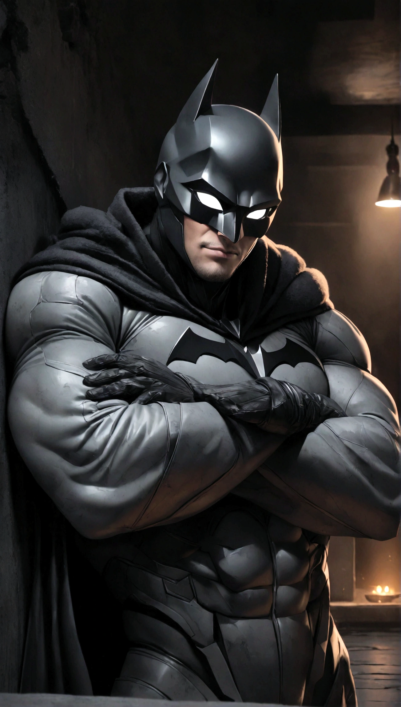 face focus shot, 1 man, solo, Ben Affleck as Batman, tall, hunk, muscular, bulk, wide shoulder, photorealism, smirking face, crossed arms, (leaning onto a wall), dark dirty grey suit, dark grey arms, ((no mask)), mask off, black hair, black gloves, best quality, masterpiece, high resolution:1.2, black cape, high detailed mask, high detailed suit, high detailed face, award winning, night time, a dark cave in the background, indoors