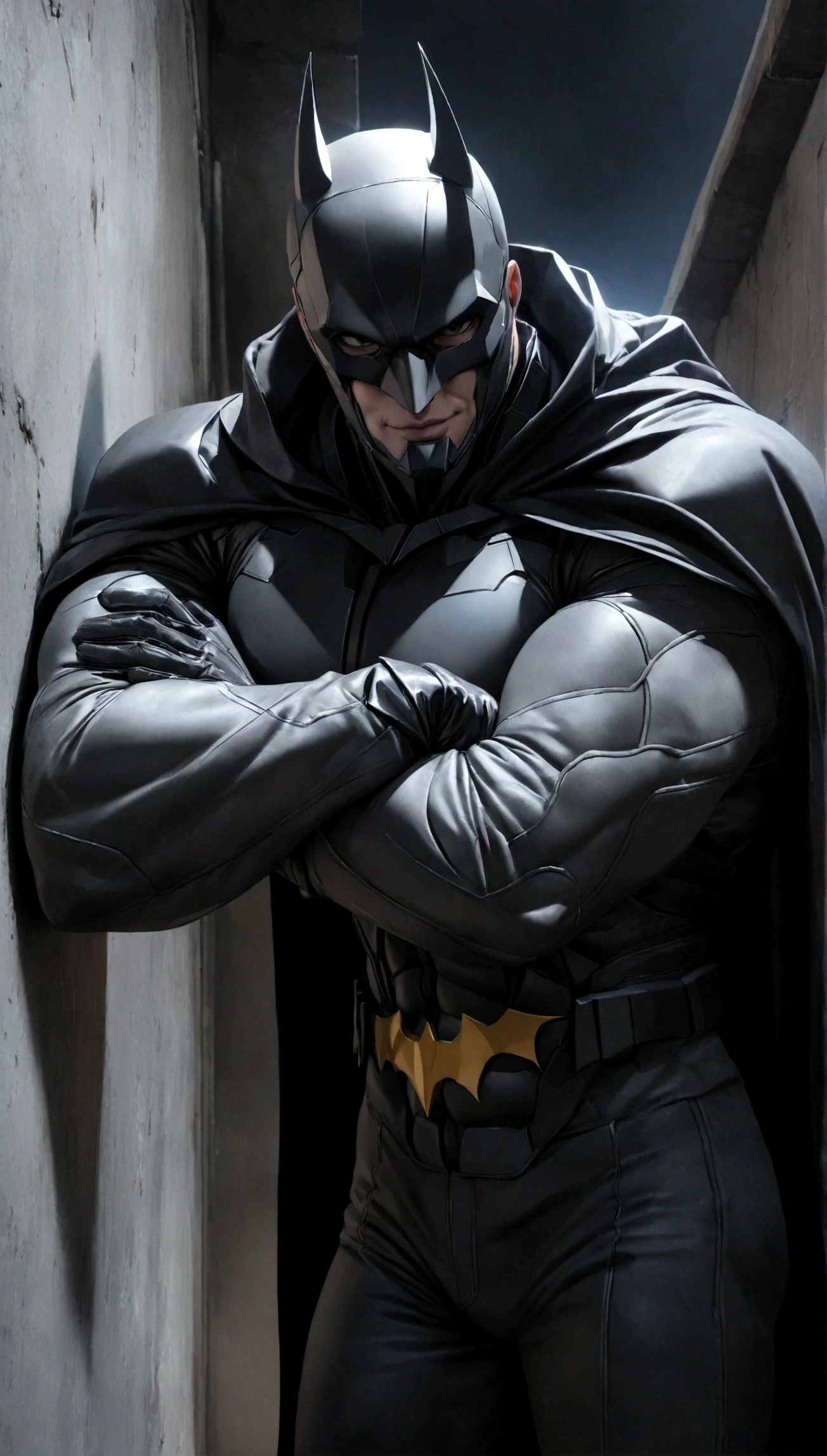 face focus shot, 1 man, solo, Ben Affleck as Batman, tall, hunk, muscular, bulk, wide shoulder, photorealism, smirking face, crossed arms, (leaning onto a wall), dark dirty grey suit, dark grey arms, ((no mask)), mask off, black hair, black gloves, best quality, masterpiece, high resolution:1.2, black cape, high detailed mask, high detailed suit, high detailed face, award winning, night time, a dark cave in the background, indoors