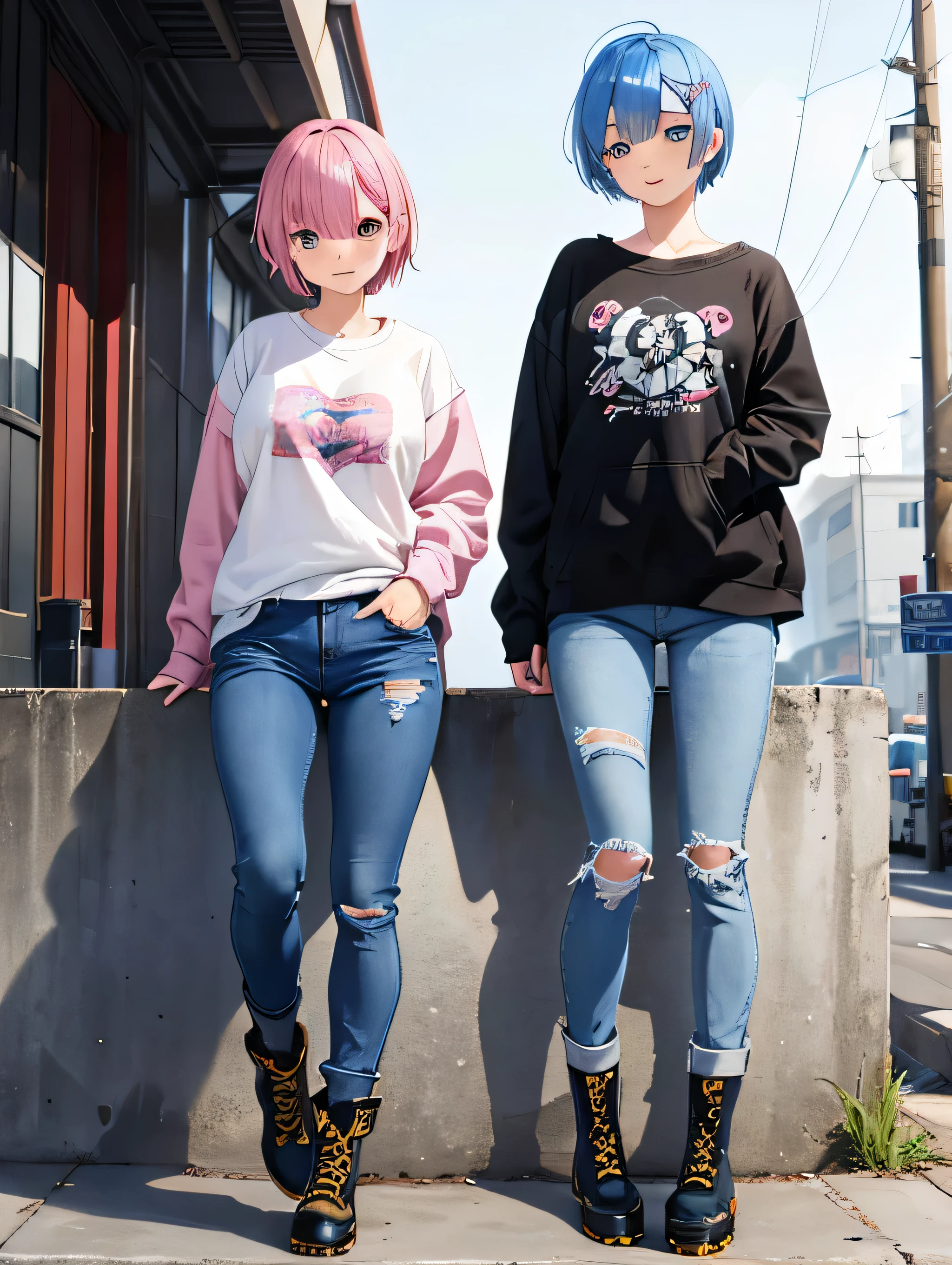 BREAK, (Two beauties,(Rem,Re:Zero,Blue Hair,short hair)(Ram,Pink Hair,short hair),Normal size breasts,smile),(Focus on the face),Earrings,Heavy makeup,(grunge casual style) theme:1.4), (oversized sweatshirt:1.3), (distressed cool denim jeans:1.3), (rugged Dr. Martens-style boots:1.3), (balance of casual and grunge elements:1.2) BREAK,squat,sit