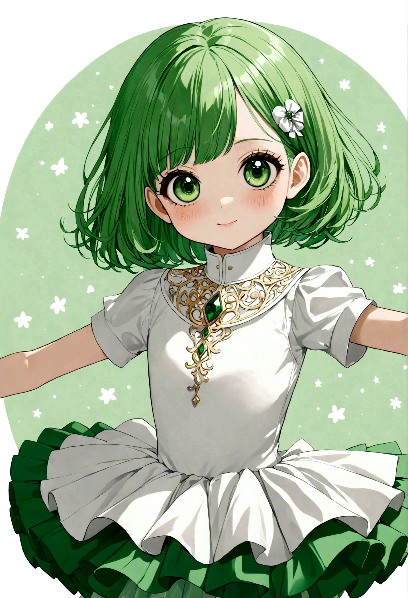 1 girl,Individuality,White big eyes,Bob,Green Hair,A happy look,Cute expression,Emerald green and white high collar tutu skirt,Gauze skirt,Balance on background,Portraiture