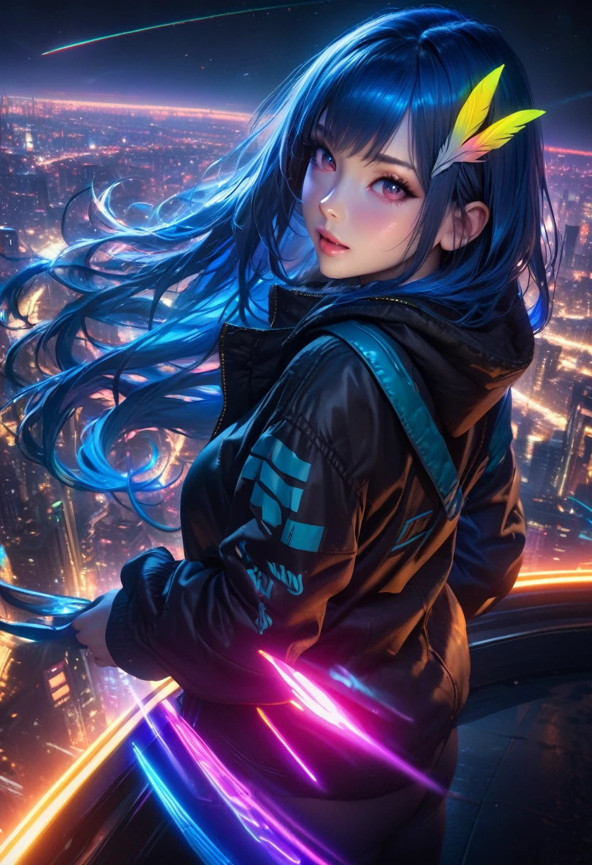 (masterpiece), Best quality, ultra high resolution, Cyberpunk 1 girl flying over stunning cityscape ,hoodie,blue hair, Neon colors of shooting stars, Very long hair, from the shoulder, Feather hair decoration, neon colors, flashing, stunning night sky, cinematic lighting, Photorealistic, realistic skin, HDR,fish eye
