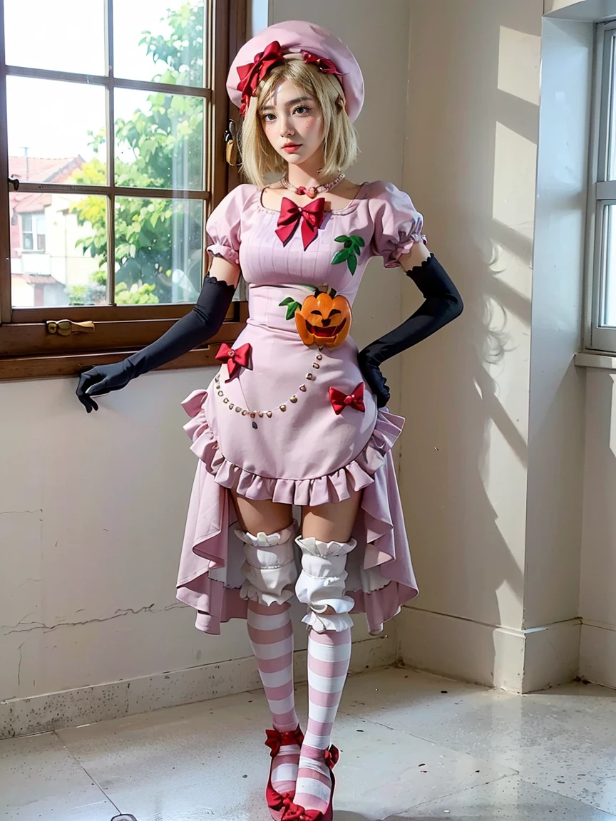 (1 lady), The beautiful, (Best quality at best:1.4), (ultra - detailed), (extremely detailed CG unified 16k), gold blonde hair, very detailed, High-definition RAW color photo, professional photoshooting, amazing face and eyes, cosmetics, (amazingly beautiful girl), ((lambdadelta, tall woman, taller)), ((dress, shoes bow, red shoes, striped stockings, red bow, pink hat, necklace, gloves, pearl, pumpkin brooch, pink dress)), (standing split, standing on one leg, sexyposture)，(White room, sun light, windows lights:1.3), (look from down), realistic cinematic face, head to feet long wide zoomed out view, full body long view, photorealistic, ((realistic natural blonde hair style, honey eyes)), gorgeous, extremely beautiful face, perfect model beauty, pout mouth, flirting smile, cleavages, city girl, western, shopping in the city, (masterpiece), best quality, high resolution, extremely detailed, blurred background, depth of field, cinematic lighting, (amazing legs, strong legs, athletic legs), high heels, clear and well-cared skin
