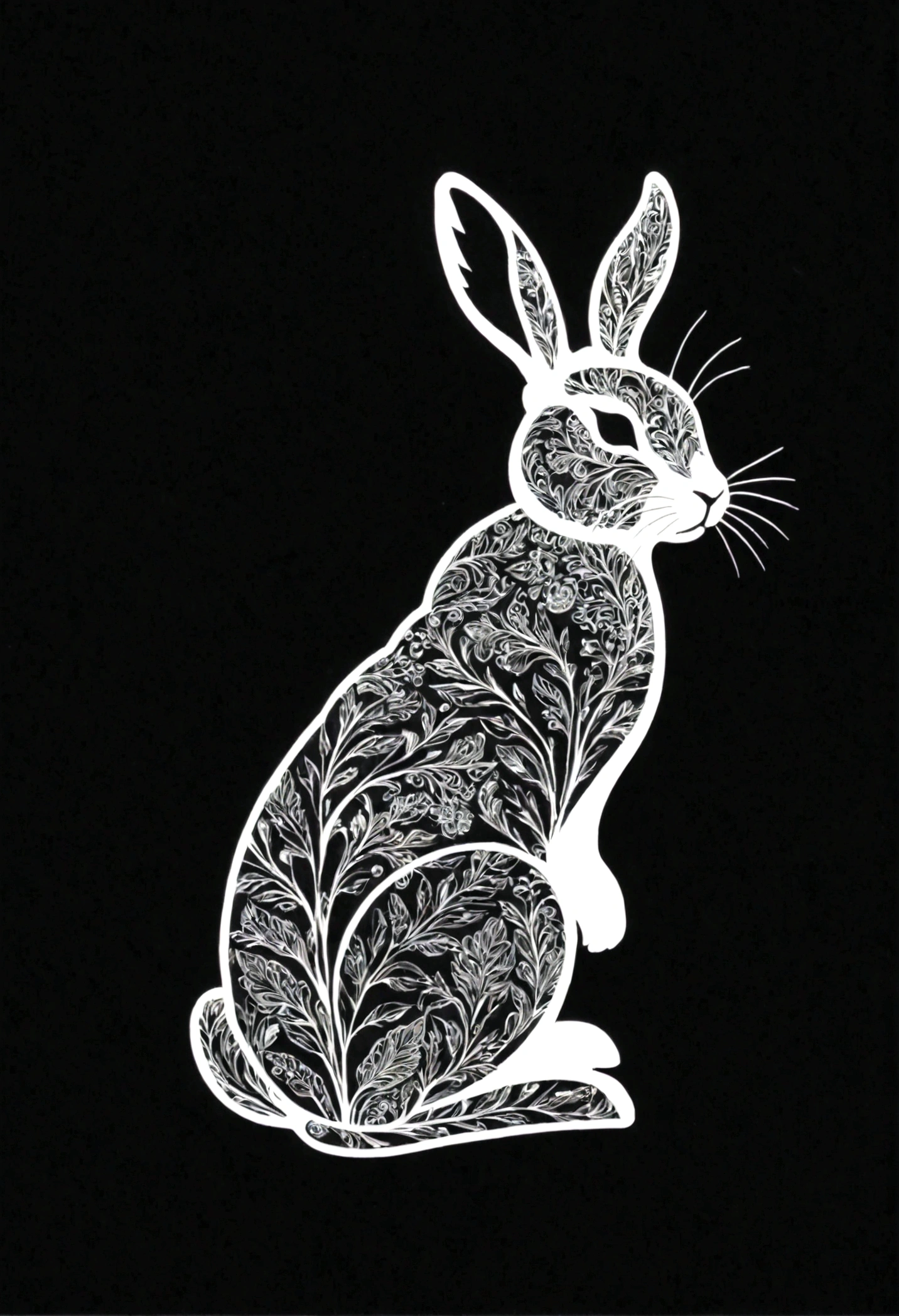 White silhouette design of a rabbit,Black Background,Beautiful silhouette,looking at the camera,Biologically correct