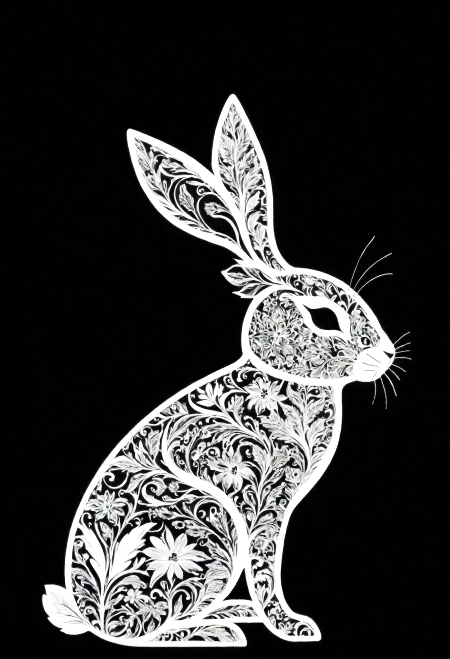 White silhouette design of a rabbit,Black Background,Beautiful silhouette,looking at the camera,Biologically correct
