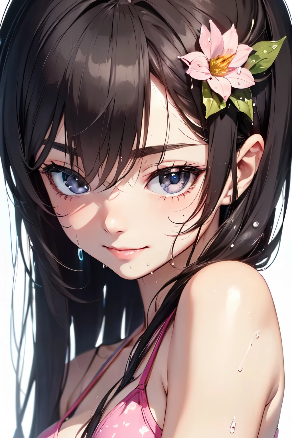 masterpiece、Anime Art、highest quality, masterpiece, (Realistic:1.2), 1 girl, (high resolution、whole body、17-year-old beautiful girl、165㎝、Long black hair、Shining black eyes、Round eyes、Thick eyebrows、端正でbeautiful、cute、Pink wet bikini、、No makeup、Bright smile、I was flushed　A sparkling smile, [(Transparent Background:1.5)::5], (((masterpiece))), (((highest quality))),(((Very detailed))), One girl, Mystical eyes, Super detailed, A light smile, Very detailedな顔, beautiful, The finer details, Super detailed, highest quality, 8k, Talked about at the art station, Excellent anatomy, beautiful lighting,、color々Pause、Wet Hair、Your body is wet、sweating、詳細なAnime Artワーク, Beautiful and attractive anime women 、 flower,(highest quality,masterpiece:1.2),High resolution,alone, Natural light,Beautifully detailed skies,