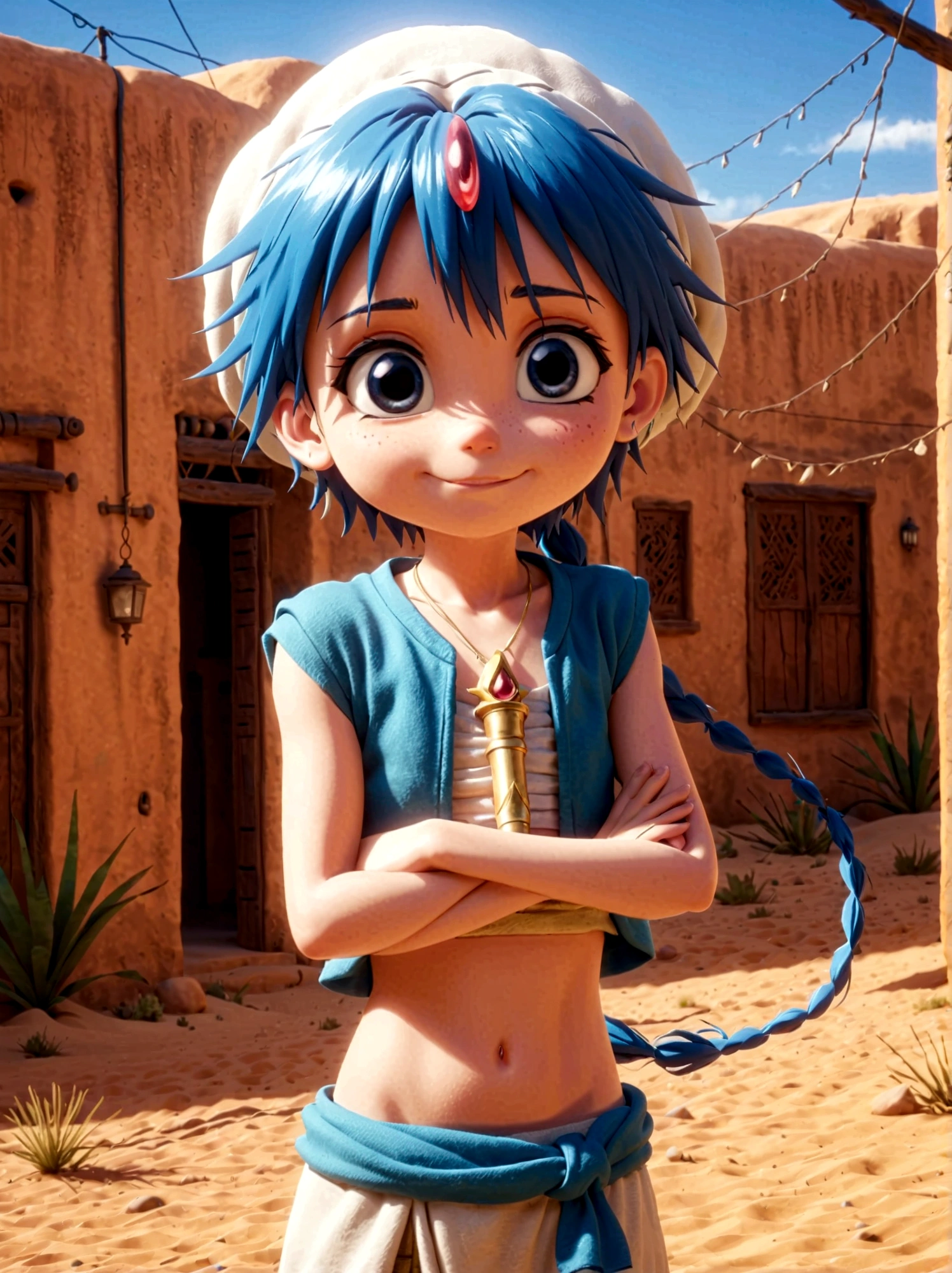 1boy，magi_aladdin，Standing alone in a desert town, He has short blue hair，With a braid，Wear a headscarf，Smiling，A flute pendant hangs around her neck，Wearing a blue vest, A magical explosion can be seen in the background，Super large magic circle，lightning，fighting，Mouth tightly shut，sneer，Soft lighting and detailed environments create an immersive environment，Let your imagination run wild with super details, Ultra-detailed face, High-quality visual effects, Sharp focus, Octane Rendering, 8k, Ultra HD