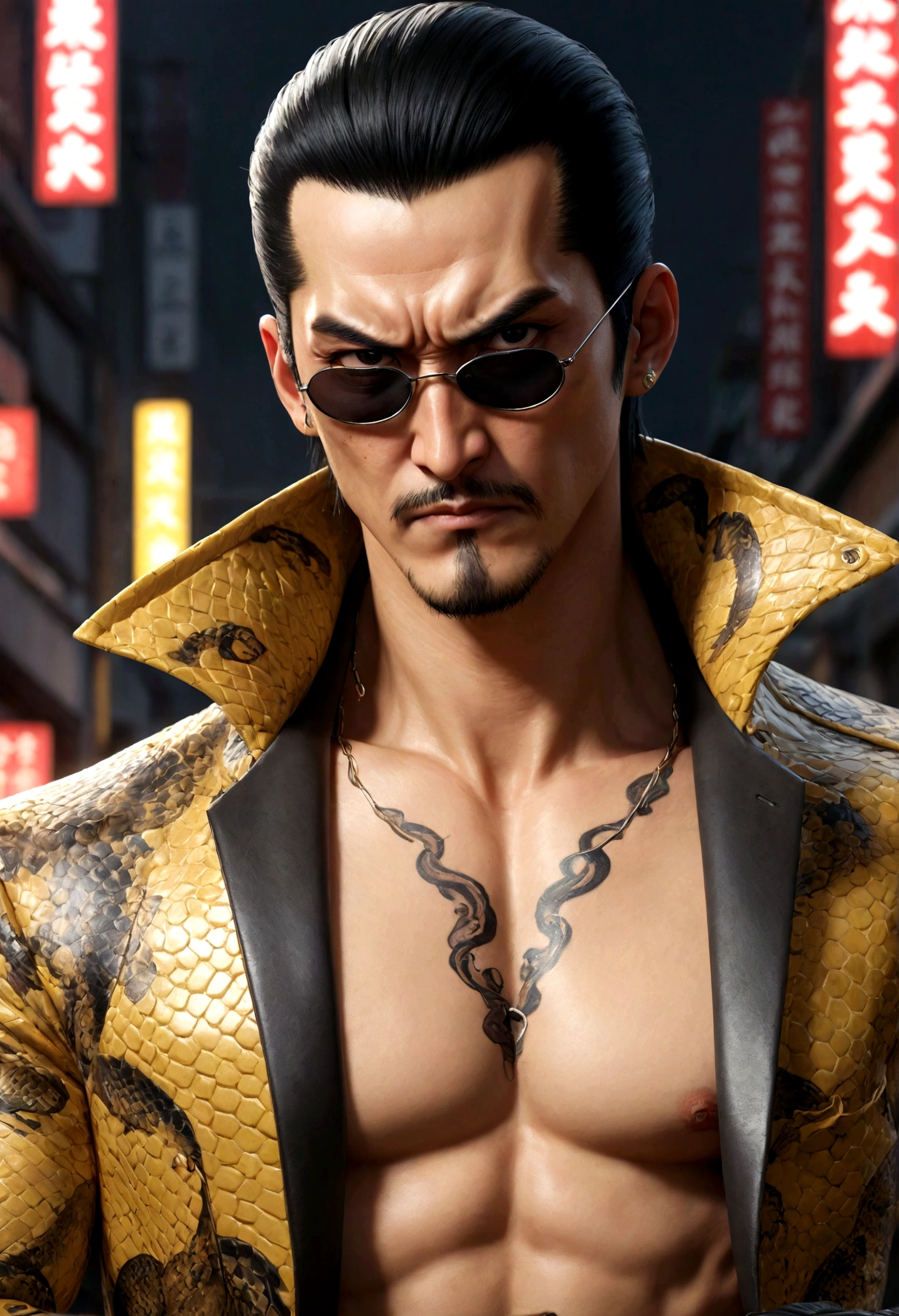 a detailed artwork by Majima Goro in an snake jacket on naked body, snake print jacket, shirtless, eye patch, black eye patch? black leather gloves, crazy face, cheerful face, frowning eyebrows with a serious expression, Yakuza, 4K, 8k, FULL HD, Corps entier, yakuza Art Style, Hyperrealistic drawing style, Clean and detailed anime art, city background, Majima Goro, tattoo