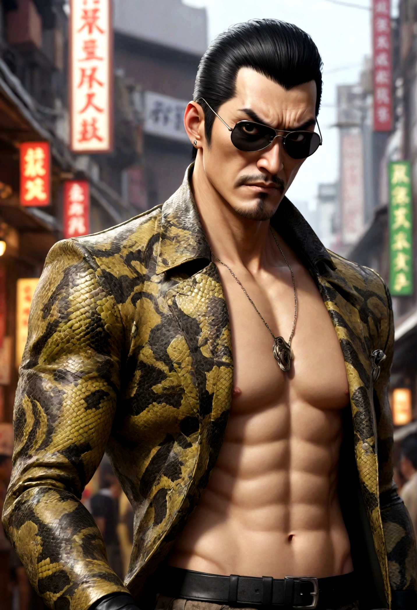 a detailed artwork by Majima Goro in an snake jacket on naked body, snake print jacket, shirtless, eye patch, black eye patch? black leather gloves, crazy face, cheerful face, frowning eyebrows with a serious expression, Yakuza, 4K, 8k, FULL HD, Corps entier, yakuza Art Style, Hyperrealistic drawing style, Clean and detailed anime art, city background, Majima Goro, tattoo
