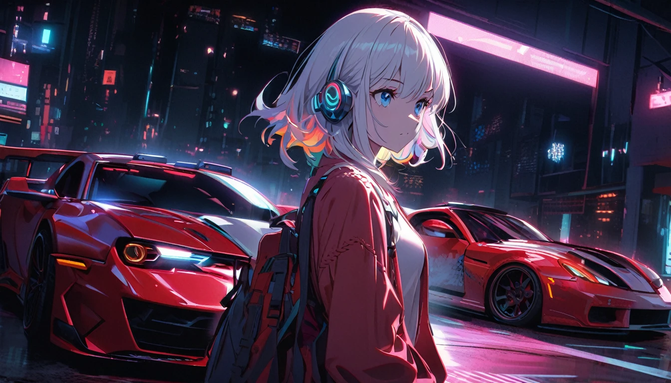 Handsome cute, Solitary, 1 female, Medium Length Hair, white hair, Rainbow hair, blue Eyes, Rainbow headphone, knit dress, Futuristic, Cyberpunk, Cybernetics panoramic, in the night, looking away, (Red sports car on female background Sports car illuminated by headlights:1.2)