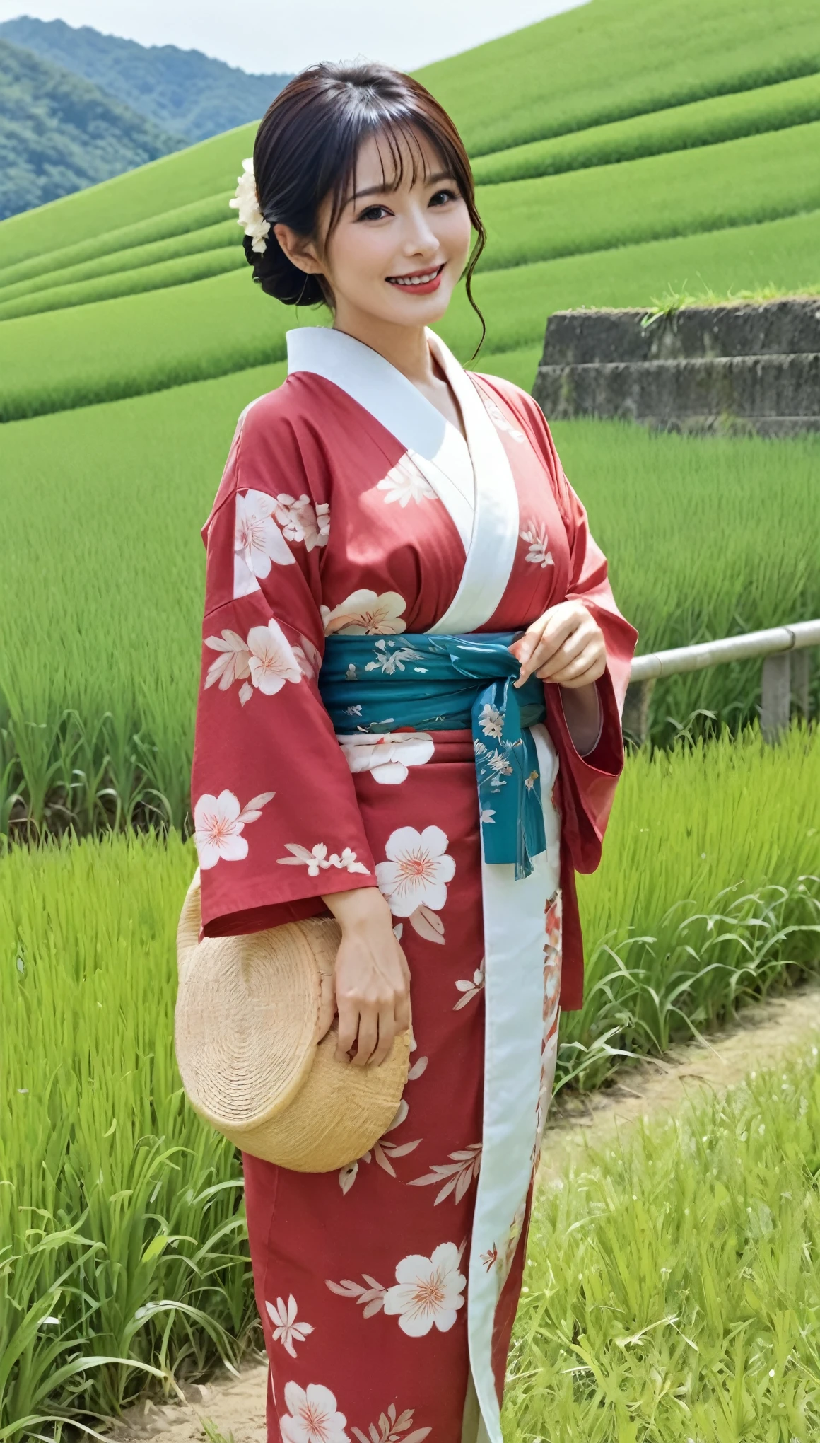 masterpiece,highest quality,wonderful,(Mature Woman:1),(Mature Woman:1.3), (50歳のMature Woman.1.3)(((Very large)))、(((Big big boobs)))、(((Big big cleavage)))、{Japanese countryside(Rice field footpath)}、Cute Smile、Well-tanned skin、Delicate and precise skin texture、(Plump figure)、disheveled brown hair、Japanese women、(Big Ass)、Thick thighs、Bright red lips、Thick upper arms、Wearing an old yukata with a sober color、Wearing a yukata、