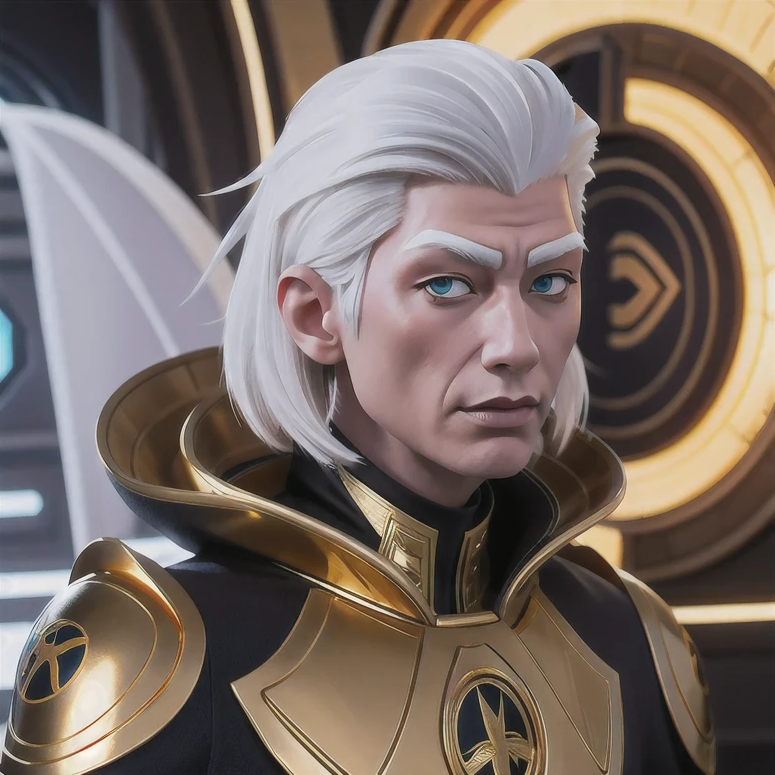 a close up of a person in a gold suit with a white hair, cyborg jd en, cyberpunk jiden, god emperor bdn, emperor b en, jden as an anime villain, j as thos, jen as a sith lord, dark lord bdn, joden with laser eyes, jon as batman