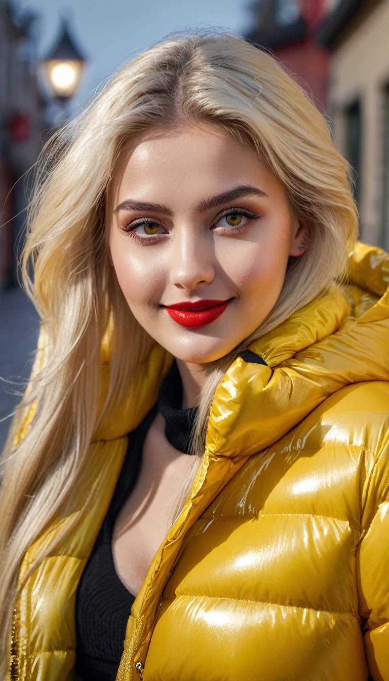 hyperrealistic beautiful busty 19-year-old woman with long legs wearing casual winter outfit with shiny yellow puffer coat, model shooting full body photography, bleached blonde very long straight hair, soaky wet skin, dark eye makeup with eyeliner, seductive smile, red lips, 8K, Best quality, Meisterwerk, ultra high resolution, (Realismus: 1.4), Originalfoto, (realistische Hautstruktur: 1.3), (Filmkorn: 1.3), (Selfie-Winkel), 1 girl, Beautiful round hazel eyes and facial details, Meisterwerk, Best quality, outdoor photography
