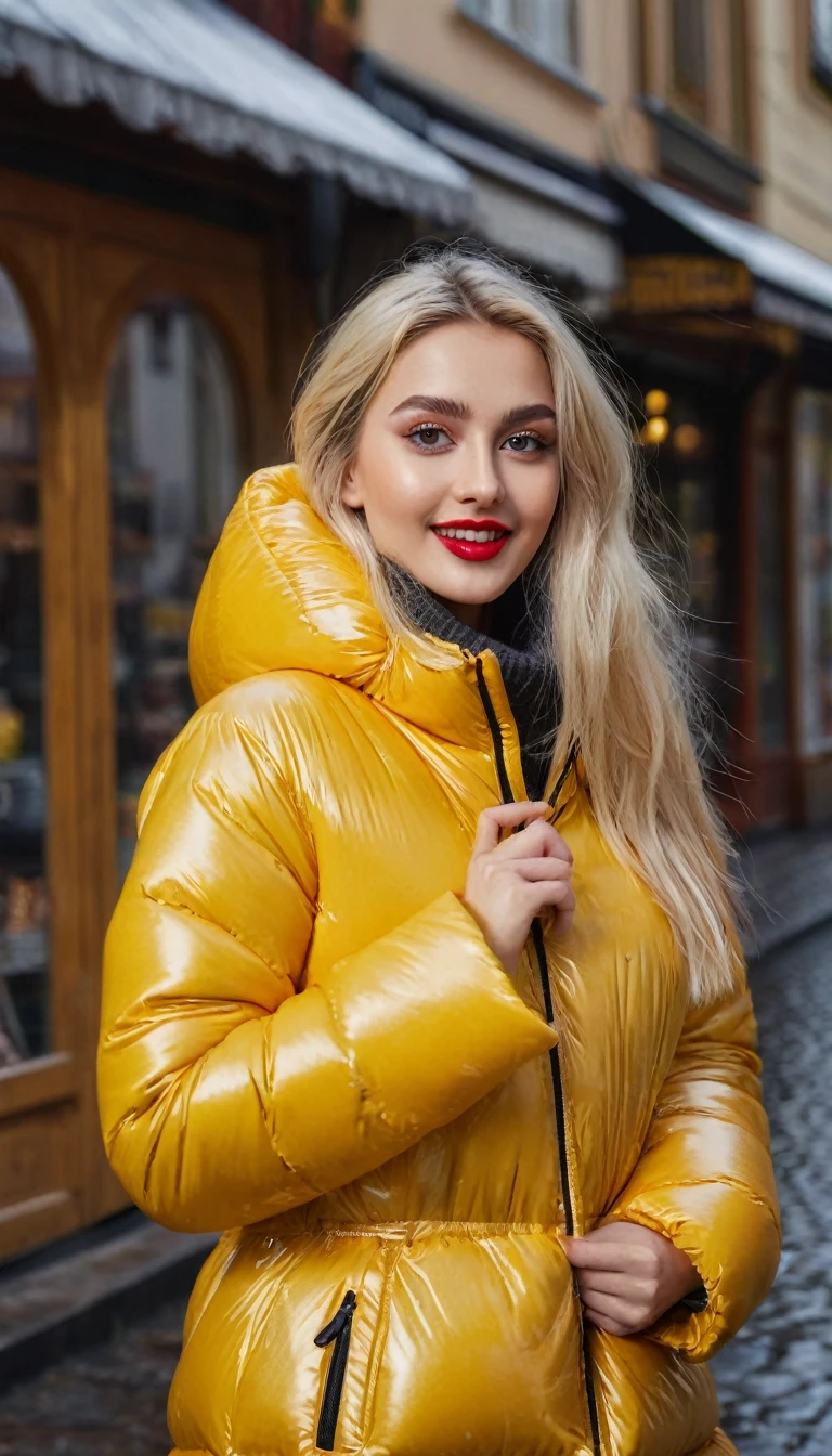 hyperrealistic beautiful busty 19-year-old woman with long legs wearing casual winter outfit with shiny yellow puffer coat, model shooting full body photography, bleached blonde very long straight hair, soaky wet skin, dark eye makeup with eyeliner, seductive smile, red lips, 8K, Best quality, Meisterwerk, ultra high resolution, (Realismus: 1.4), Originalfoto, (realistische Hautstruktur: 1.3), (Filmkorn: 1.3), (Selfie-Winkel), 1 girl, Beautiful round hazel eyes and facial details, Meisterwerk, Best quality, outdoor photography
