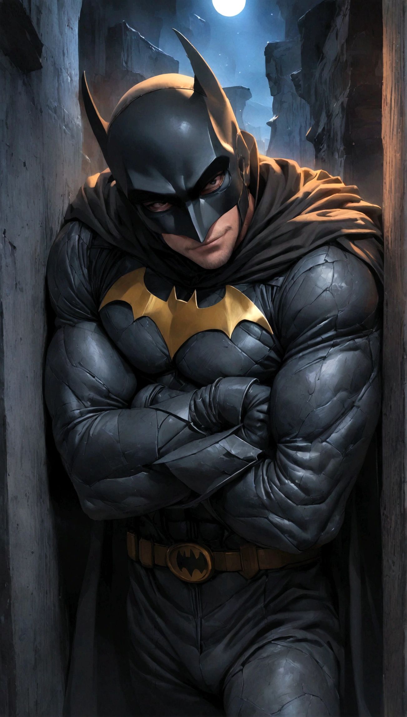 face focus shot, 1 man, solo, Ben Affleck as Batman, tall, hunk, muscular, bulk, wide shoulder, photorealism, smirking face, crossed arms, (leaning onto a wall), dark dirty grey suit, dark grey arms, ((no mask)), mask off, black hair, black gloves, best quality, masterpiece, high resolution:1.2, black cape, high detailed mask, high detailed suit, high detailed face, award winning, night time, a dark cave in the background, indoors