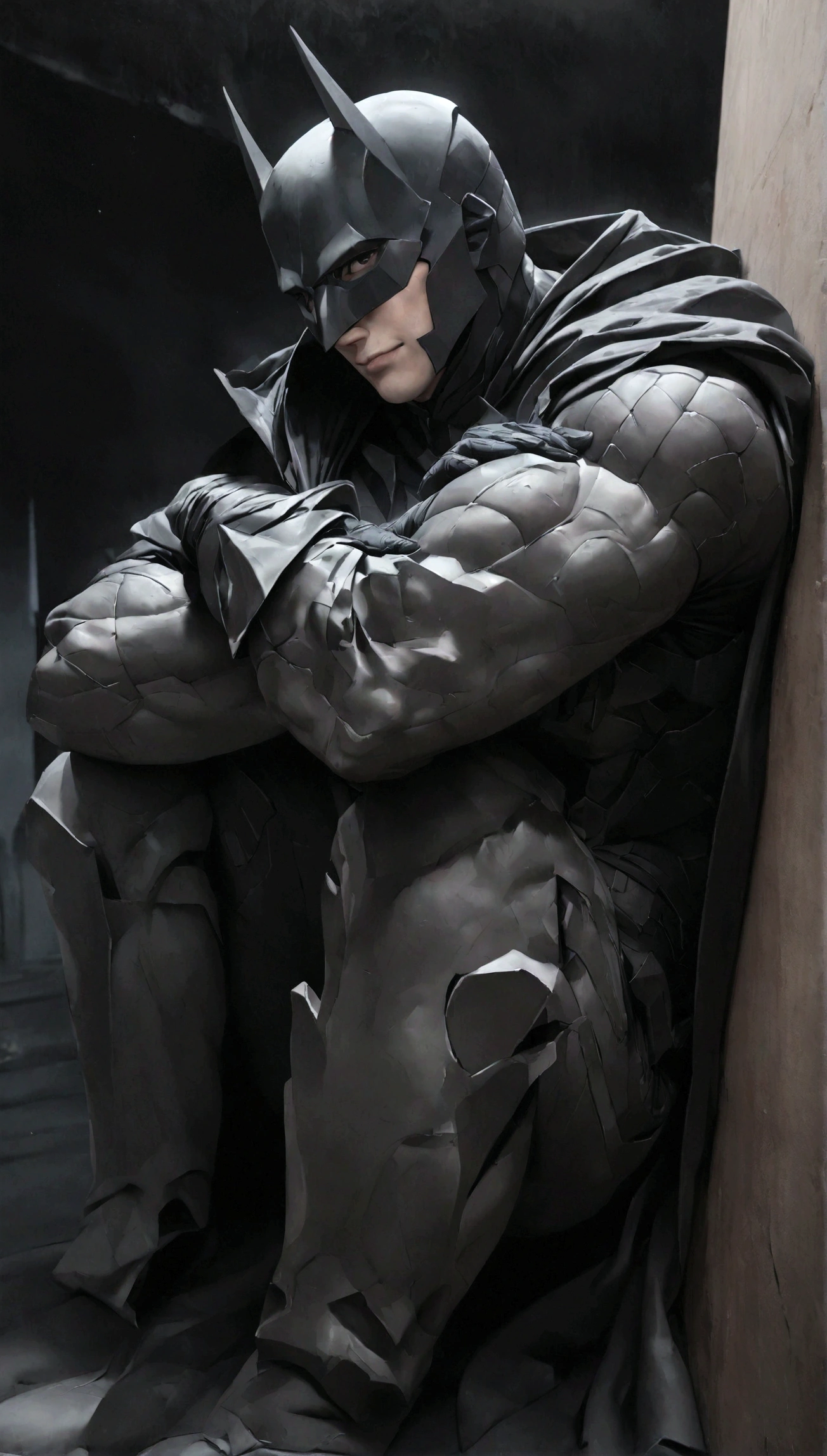 face focus shot, 1 man, solo, Ben Affleck as Batman, tall, hunk, muscular, bulk, wide shoulder, photorealism, smirking face, crossed arms, (leaning onto a wall), dark dirty grey suit, dark grey arms, ((no mask)), mask off, black hair, black gloves, best quality, masterpiece, high resolution:1.2, black cape, high detailed mask, high detailed suit, high detailed face, award winning, night time, a dark cave in the background, indoors