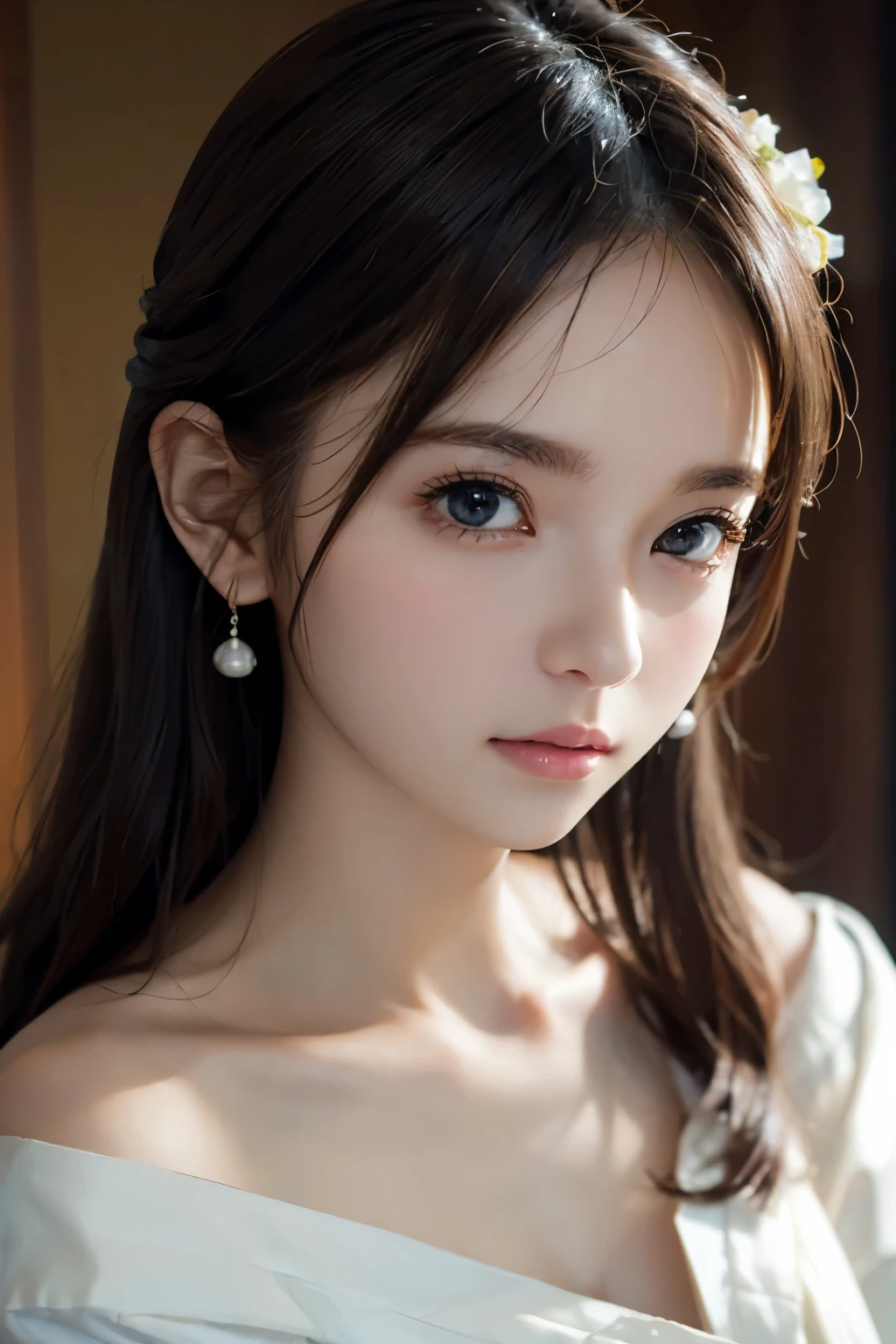 Background is grassland、Image from chest up:1.6)、Close-up portrait of a woman wearing a white off-the-shoulder top dress and earrings, Soft portrait shot 8k, Nice delicate face, High-quality 4K portraits, High-quality portraits, Soft, perfect, pale skin, 8K Highly Detailed Face, なbeautiful繊細な顔, beautiful光の大きな目, Beautiful and realistic face, beautiful１４Old woman, Beautiful and realistic face, cute１４Old woman