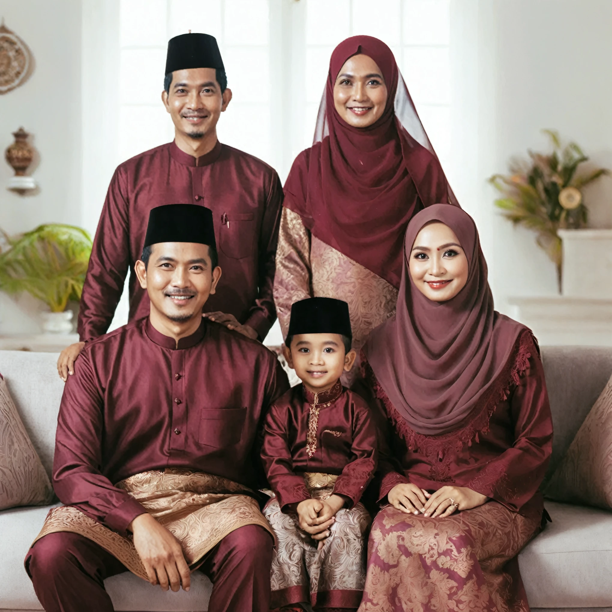 araffe family posing for a picture on a couch in a living room, an indonesian family portrait, happy family, emir, barong family, family portrait, maroon red, full protrait, maroon, malaysian, potrait, amad, traditional clothes, by Basuki Abdullah, rengen, husband wife and son, traditional art, traditional, traditional medium