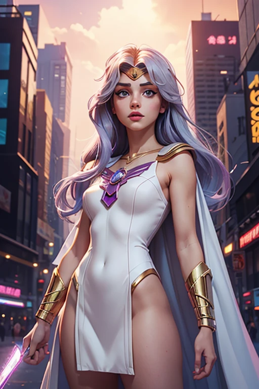 Top Quality, Masterpiece, Ultra High Definition, (Photorealistic: 1.4), Raw Photo, 1 Girl, Dramatic Lighting, Full Body, cyberpunk aesthetic, beautiful girl, light iridescent hair, long hair, pastel cybernetics, grey eyes, long eyelashes, full lips, celestial, light, sailor moon inspired, forehead tiara, half body, cyber city background, white mage, happy, whimsical fantasy dress, fantasy outfit, whimsical