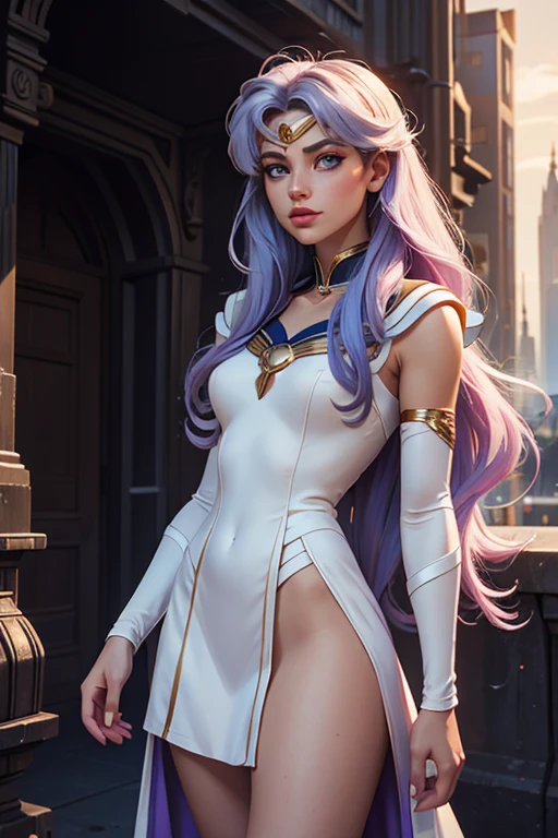 Top Quality, Masterpiece, Ultra High Definition, (Photorealistic: 1.4), Raw Photo, 1 Girl, Dramatic Lighting, Full Body, cyberpunk aesthetic, beautiful girl, light iridescent hair, long hair, pastel cybernetics, grey eyes, long eyelashes, full lips, celestial, light, sailor moon inspired, forehead tiara, half body, cyber city background, white mage, happy, whimsical fantasy dress, fantasy outfit, whimsical