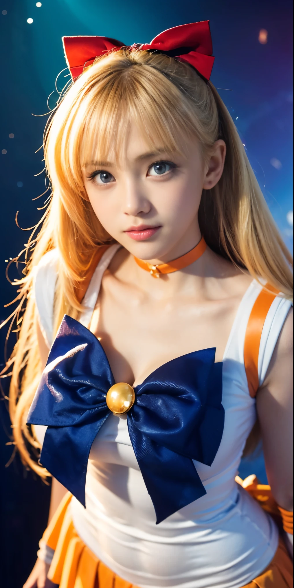 (masterpiece, best quality;1.3), extremely detailed CG, ultra detailed, 1girl, solo, smile, looking at viewer, stylish ungle, blonde long hair,blue eyes, sv1, sailor senshi uniform, orange skirt, elbow gloves, tiara, orange sailor collar, red bow, orange choker, white gloves, jewelry, from above, many hearts, face focus,Venus,tornado,abstract background, hearts storm, haert beam, heart bubbles, heart baloons, haert stars, heart flowers, HEART LIGHTS, heart world, heart background, galaxy background, heart weapon, heart aura, sailor girl in a sailor costume, sailor moon!!!!!!!!, sailor moon style, the sailor galaxia. beautiful, inspired by Sailor Moon, by Sailor Moon, the sailor moon. beautiful, leaked image, knights of zodiac girl, classic shoujo, also known as artemis the selene, rei hiroe, with shoulder pads, also known as artemis or selene, official art, Height is 173cm, I have big breasts. Good body proportions, big eyes are attractive.