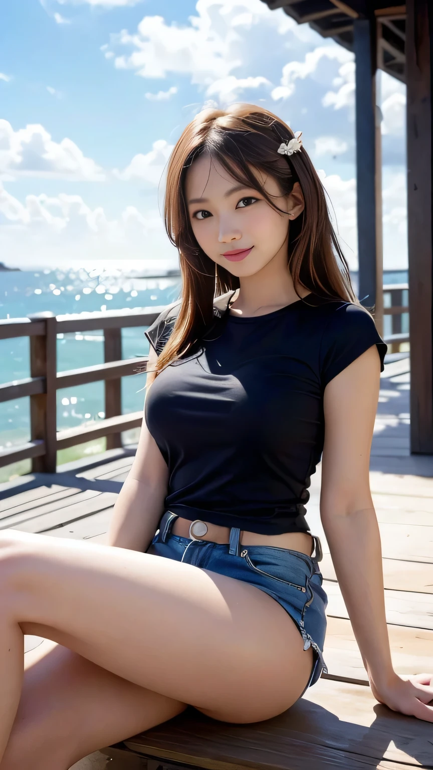 highest quality, masterpiece, High definition, 16K quality, beautiful , Black long hair, Beautiful eyes, A very cute Japanese high school girl who looks like an idol, White panties showing through , camisole, Too short denim mini skirt, Plump and large breasts, Her camisole is so full it looks like it's about to burst, Thin legs, Slim body, Sitting on the beach with her legs open, Blushing, She is looking at the camera, A smiling, enchanting expression, beautiful clouds in madder color,