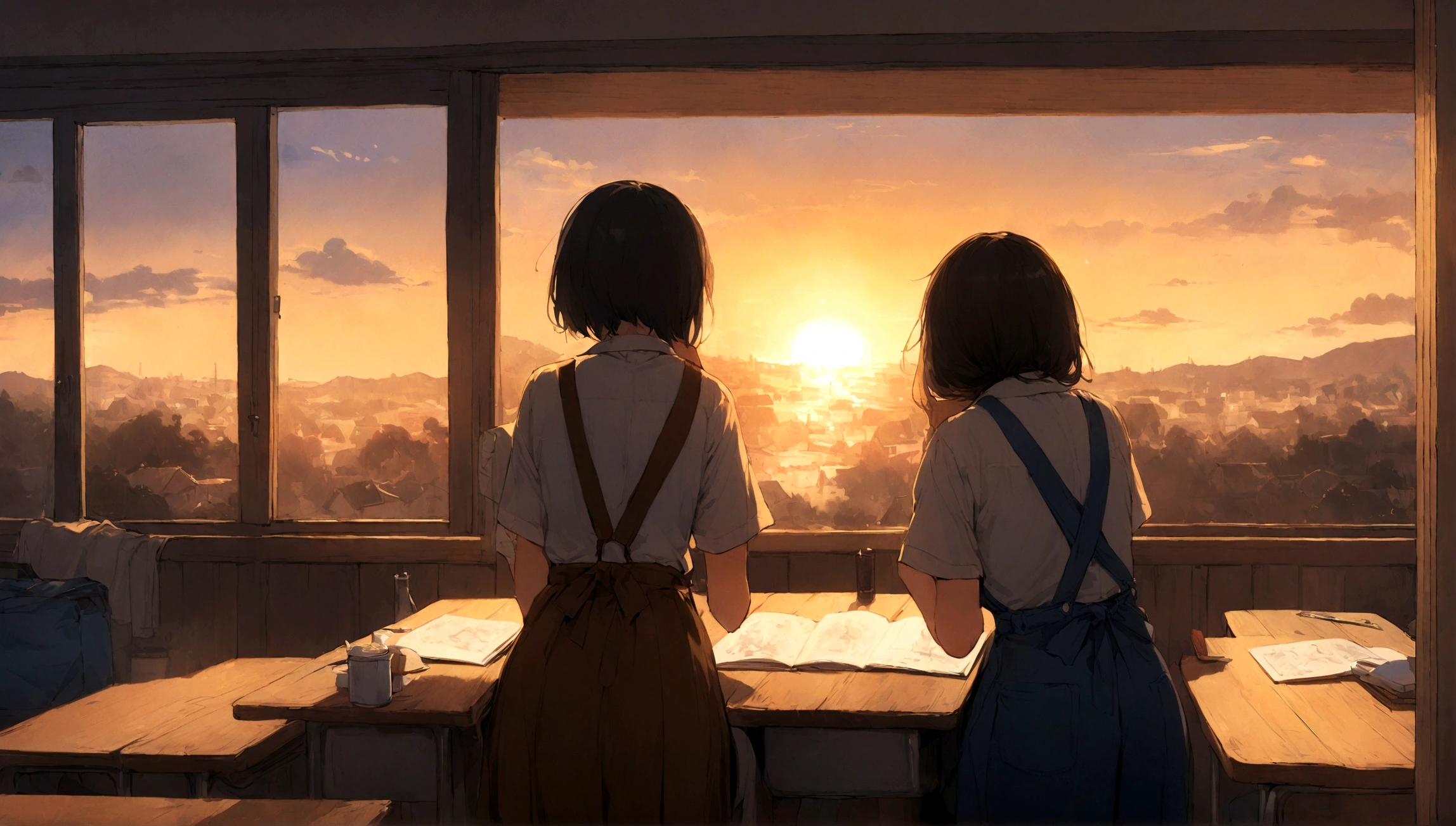 Inside a high school classroom after school、Draw realistic pictures like photographs。
window where the setting sun shines through、Desk and chair、Carefully drawing props such as blackboards。
A high school girl watching the sunset by the window、High school boy studying、The characters, such as the high school girls who clean, are vividly depicted.。
Overall、Expressing a calm and nostalgic atmosphere。