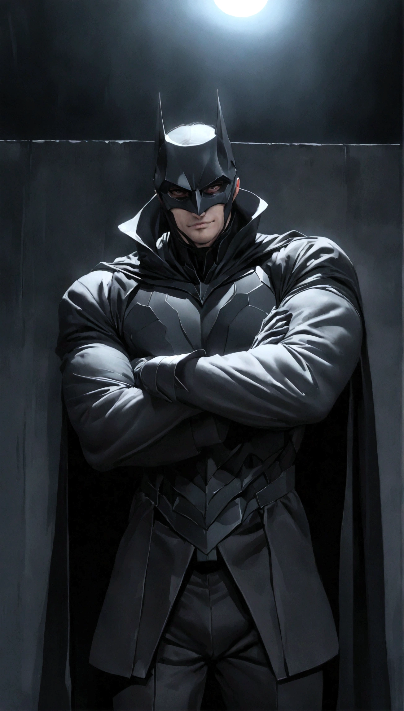 face focus shot, 1 man, solo, Ben Affleck as Batman, tall, hunk, muscular, bulk, wide shoulder, photorealism, smirking face, crossed arms, (leaning onto a wall), dark dirty grey suit, dark grey arms, ((no mask)), mask off, black hair, black gloves, best quality, masterpiece, high resolution:1.2, black cape, high detailed mask, high detailed suit, high detailed face, award winning, night time, a dark cave in the background, indoors