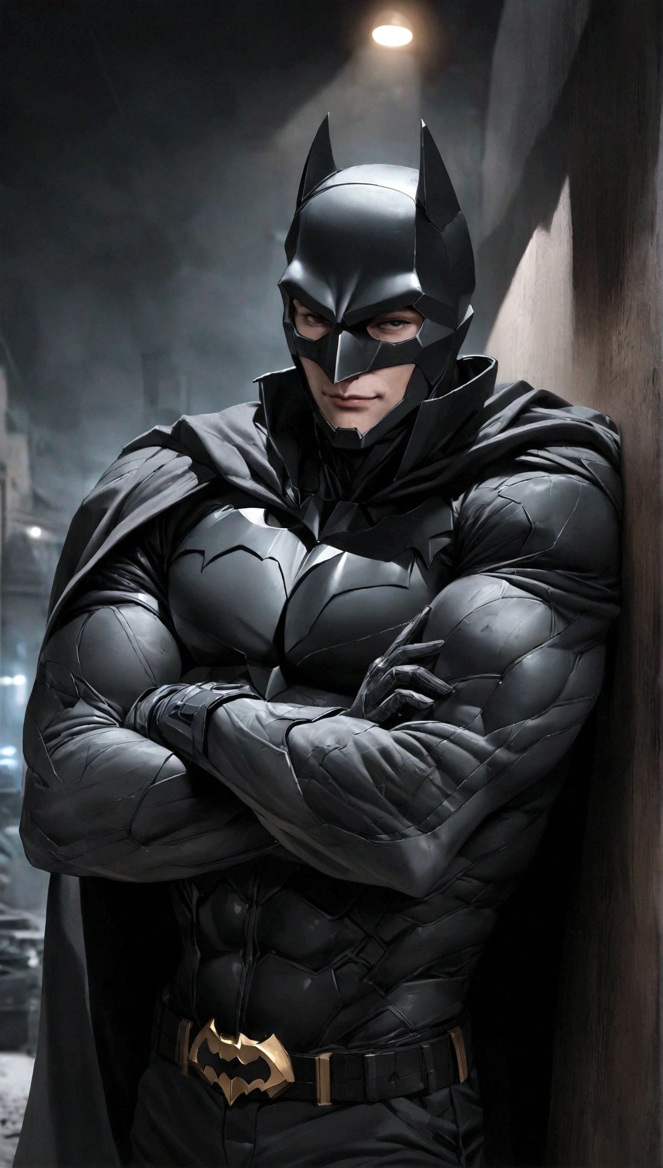 face focus shot, 1 man, solo, Ben Affleck as Batman, tall, hunk, muscular, bulk, wide shoulder, photorealism, smirking face, crossed arms, (leaning onto a wall), dark dirty grey suit, dark grey arms, ((no mask)), mask off, black hair, black gloves, best quality, masterpiece, high resolution:1.2, black cape, high detailed mask, high detailed suit, high detailed face, award winning, night time, a dark cave in the background, indoors